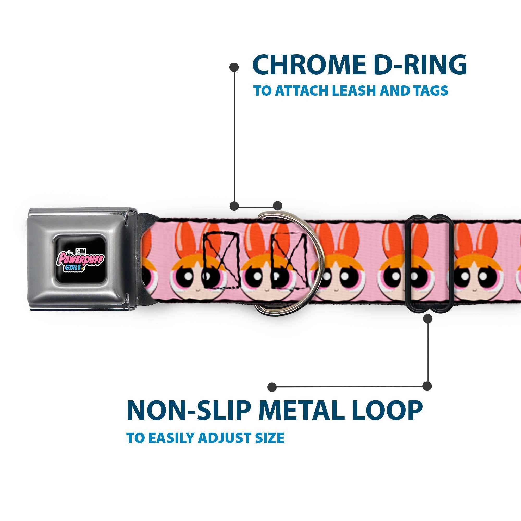 Buckle-Down The Powerpuff Girls Animated Series Title Logo Black & Blossom Face Close-Up Pink Seatbelt Buckle Dog Collar