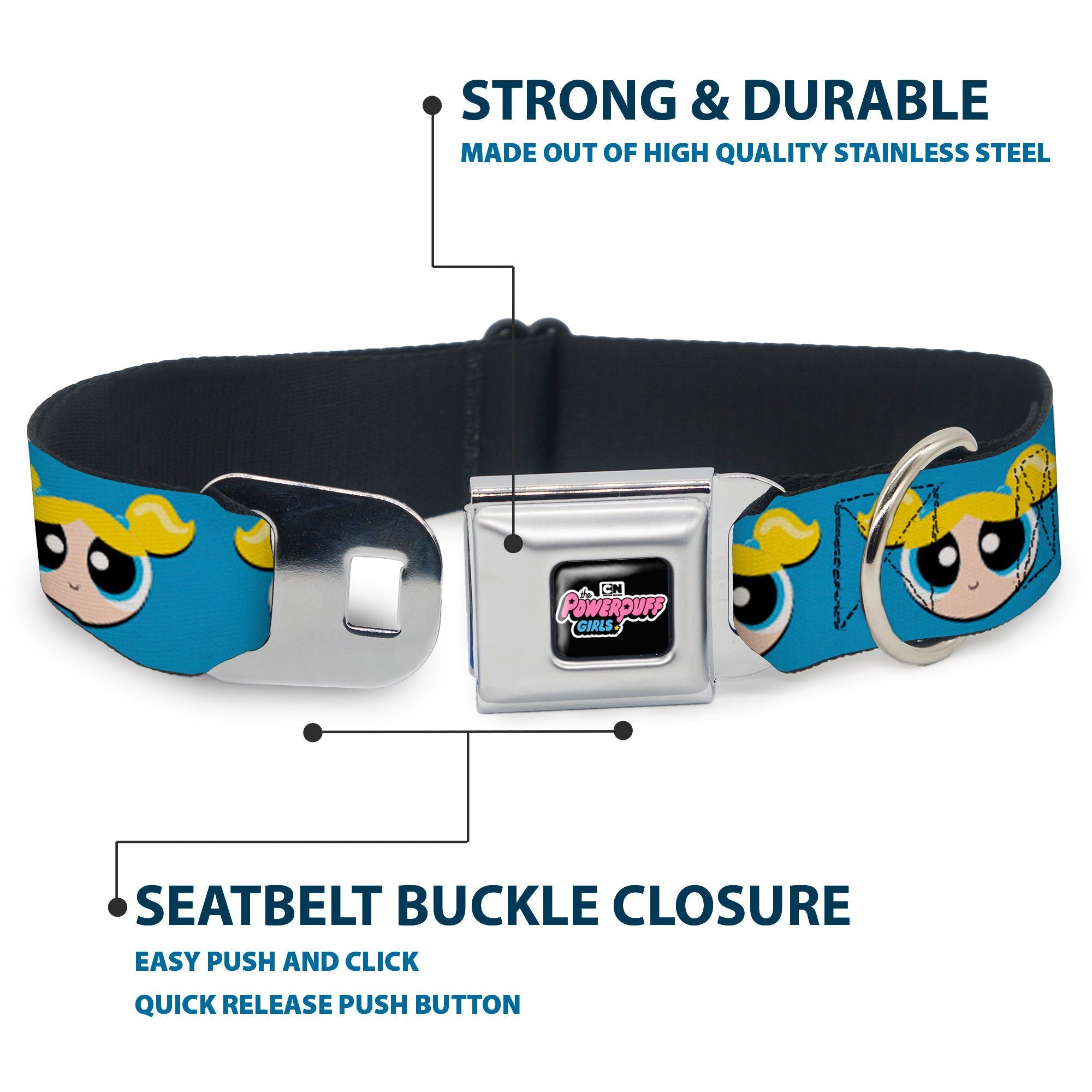 Buckle-Down The Powerpuff Girls Animated Series Title Logo Black & Bubbles Face Close-Up Blue Seatbelt Buckle Dog Collar