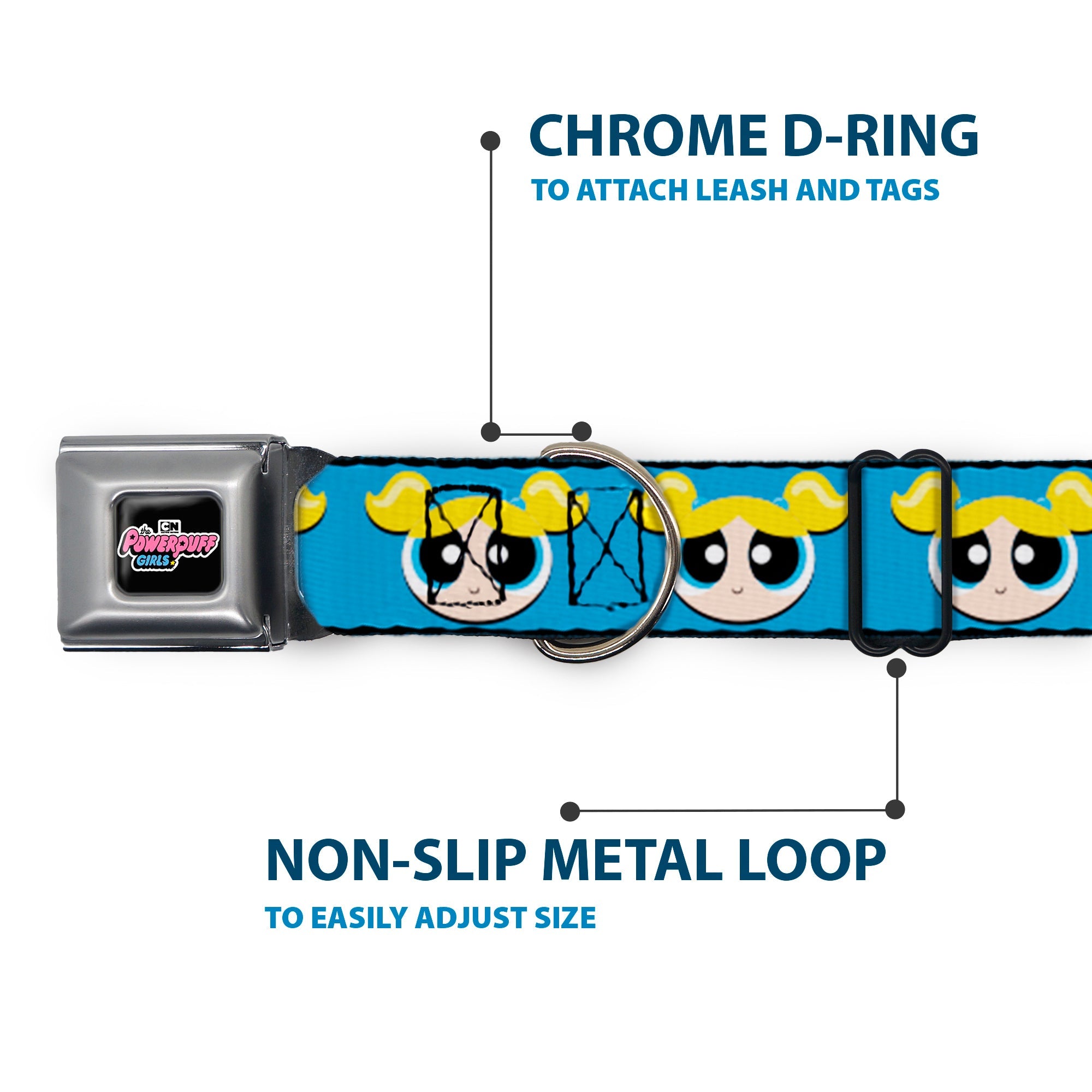 Buckle-Down The Powerpuff Girls Animated Series Title Logo Black & Bubbles Face Close-Up Blue Seatbelt Buckle Dog Collar