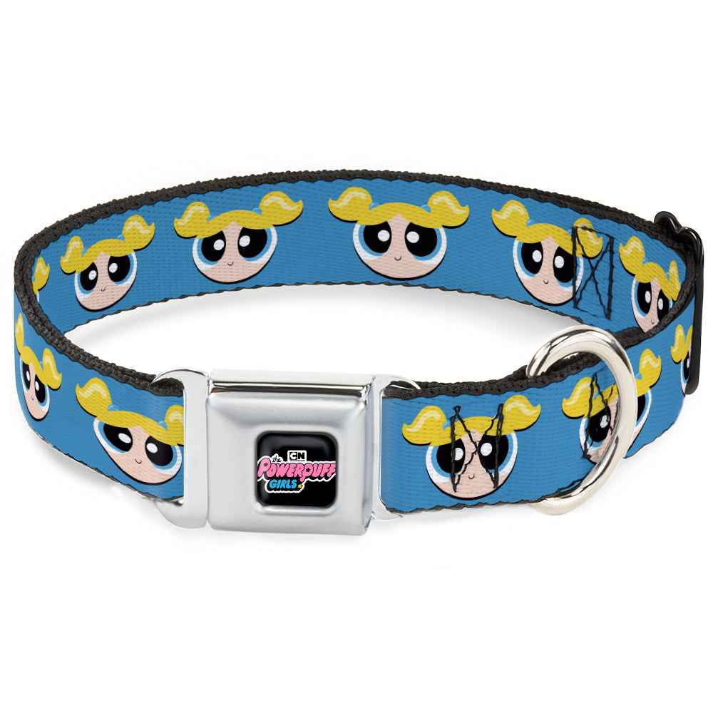 Buckle-Down The Powerpuff Girls Animated Series Title Logo Black & Bubbles Face Close-Up Blue Seatbelt Buckle Dog Collar