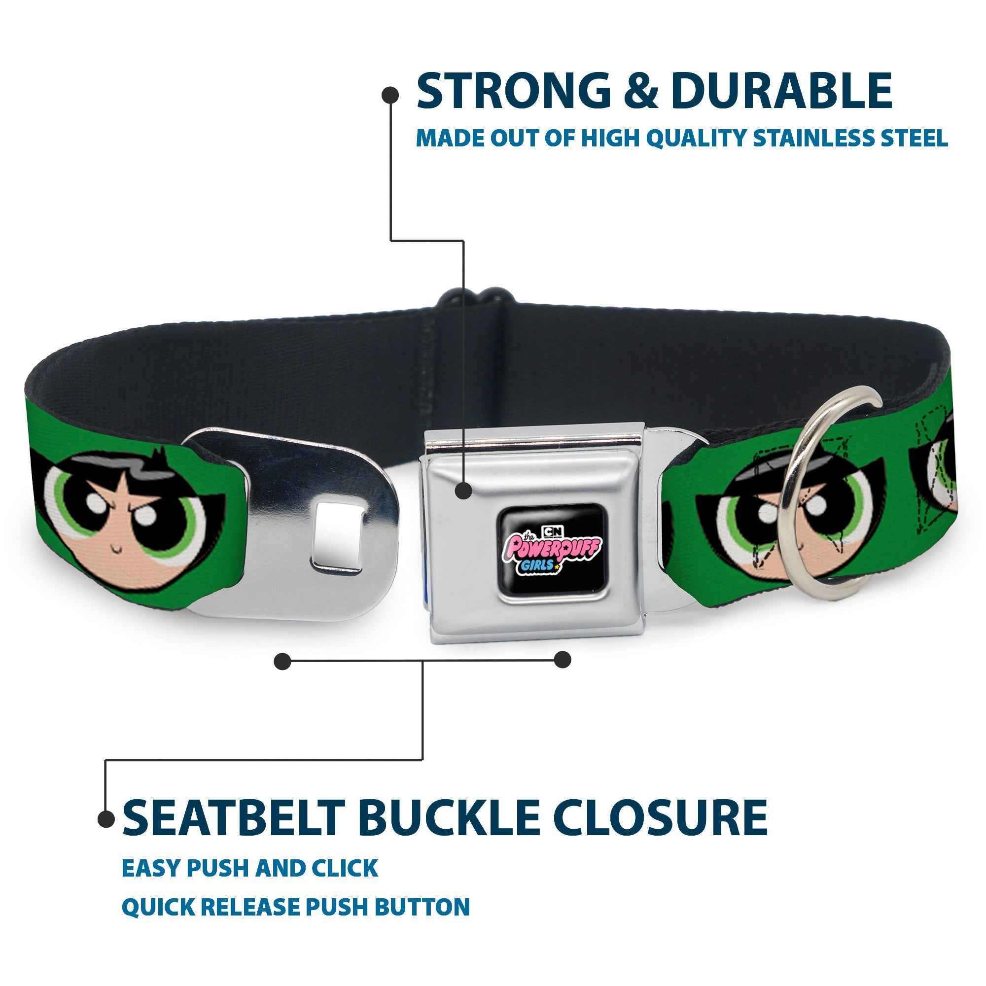 Buckle-Down The Powerpuff Girls Animated Series Title Logo Black & Buttercup Face Close-Up Green Seatbelt Buckle Dog Collar