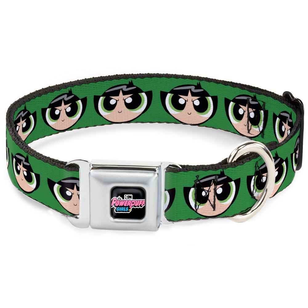 Buckle-Down The Powerpuff Girls Animated Series Title Logo Black & Buttercup Face Close-Up Green Seatbelt Buckle Dog Collar