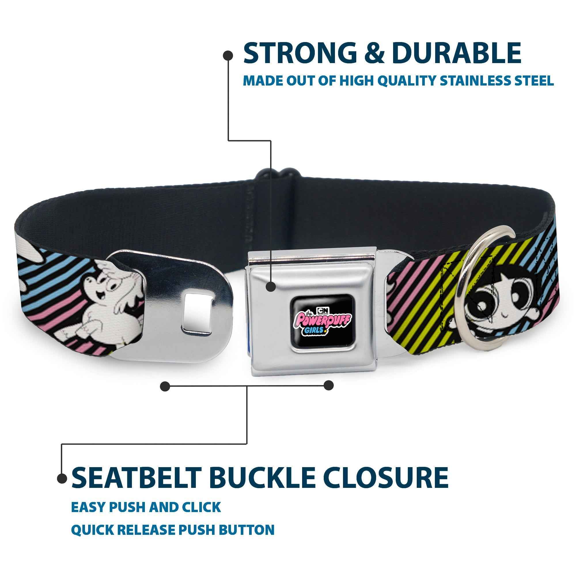 Buckle-Down The Powerpuff Girls Animated Series Title Logo Black & and Donny Stripe Black/Multi Pastel Seatbelt Buckle Dog Collar