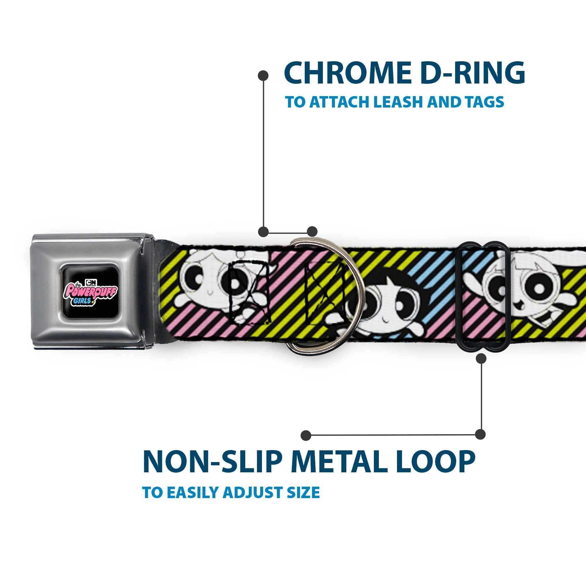 Buckle-Down The Powerpuff Girls Animated Series Title Logo Black & and Donny Stripe Black/Multi Pastel Seatbelt Buckle Dog Collar