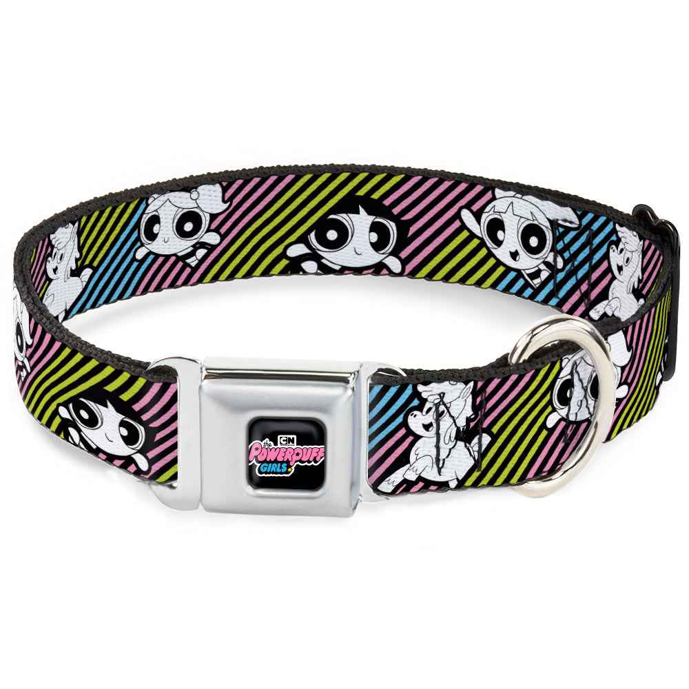 Buckle-Down The Powerpuff Girls Animated Series Title Logo Black & and Donny Stripe Black/Multi Pastel Seatbelt Buckle Dog Collar