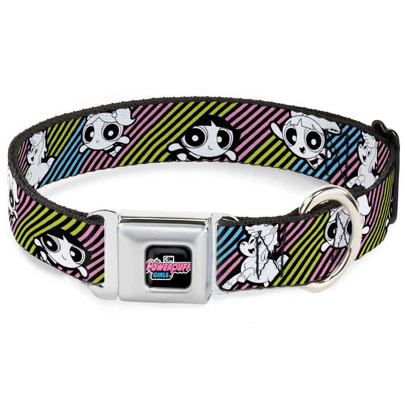 Buckle-Down The Powerpuff Girls Animated Series Title Logo Black & and Donny Stripe Black/Multi Pastel Seatbelt Buckle Dog Collar