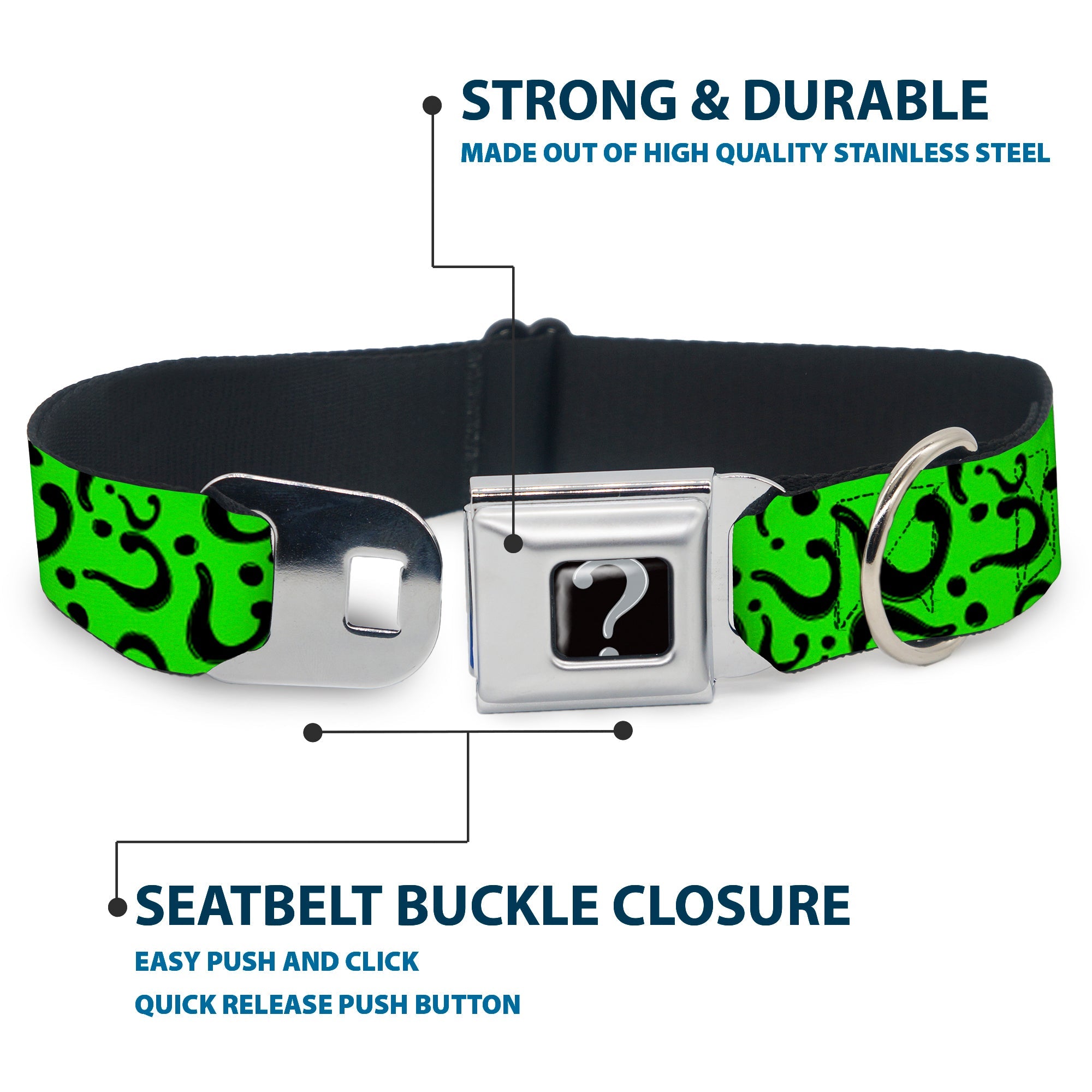 Riddler "?" Black Silver Seatbelt Buckle Collar - Question Mark Scattered Lime Green/Black