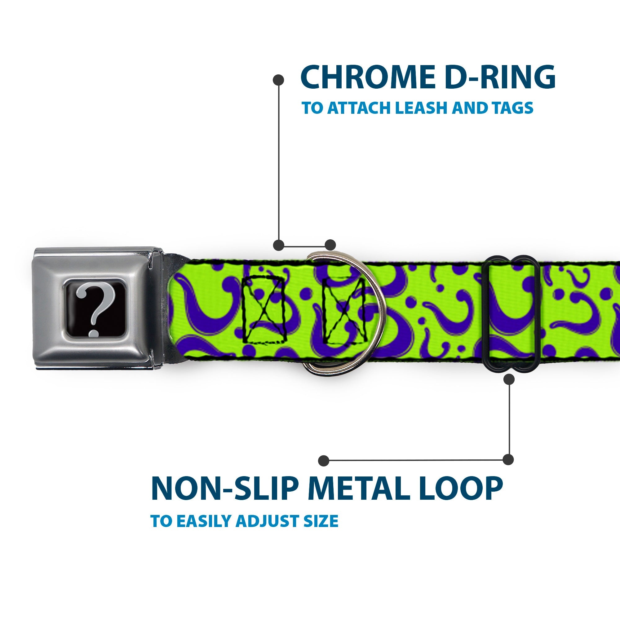 Riddler "?" Black Silver Seatbelt Buckle Collar - Question Mark Scattered Lime Green/Purple