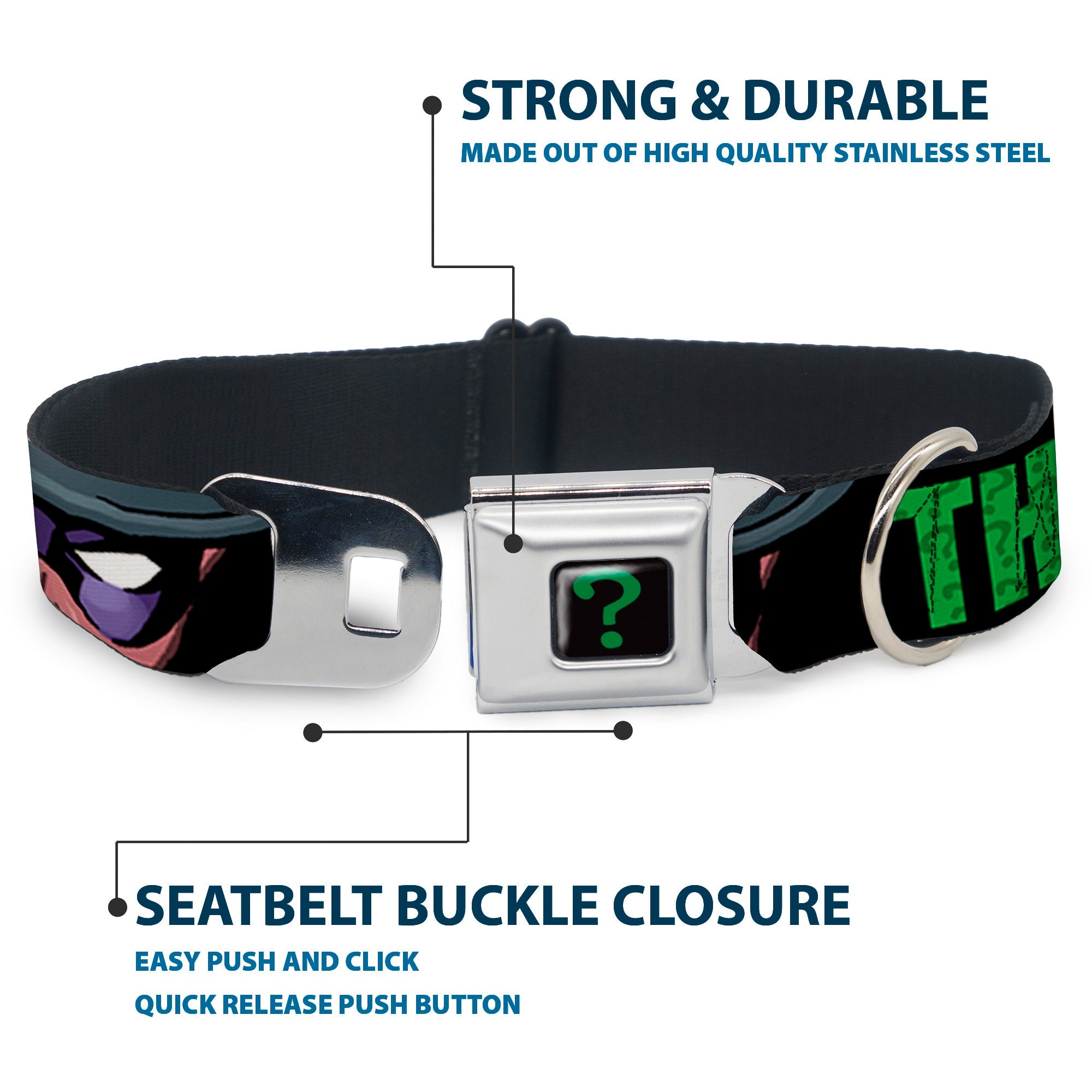 Riddler "?" Black/Green Seatbelt Buckle Collar - THE RIDDLER/Face CLOSE-UP Black/Green