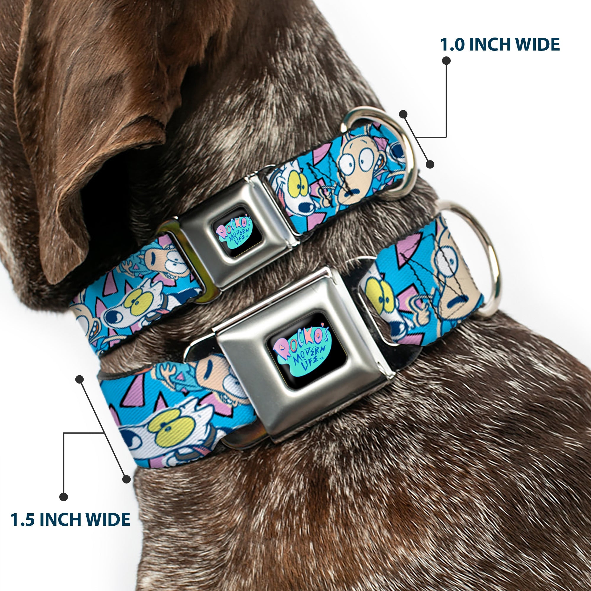 ROCKOS MODERN LIFE Logo Full Color Black/Blues Seatbelt Buckle Collar - Rocko & Spunky Scattered Expressions/Triangles Blue/Lavender