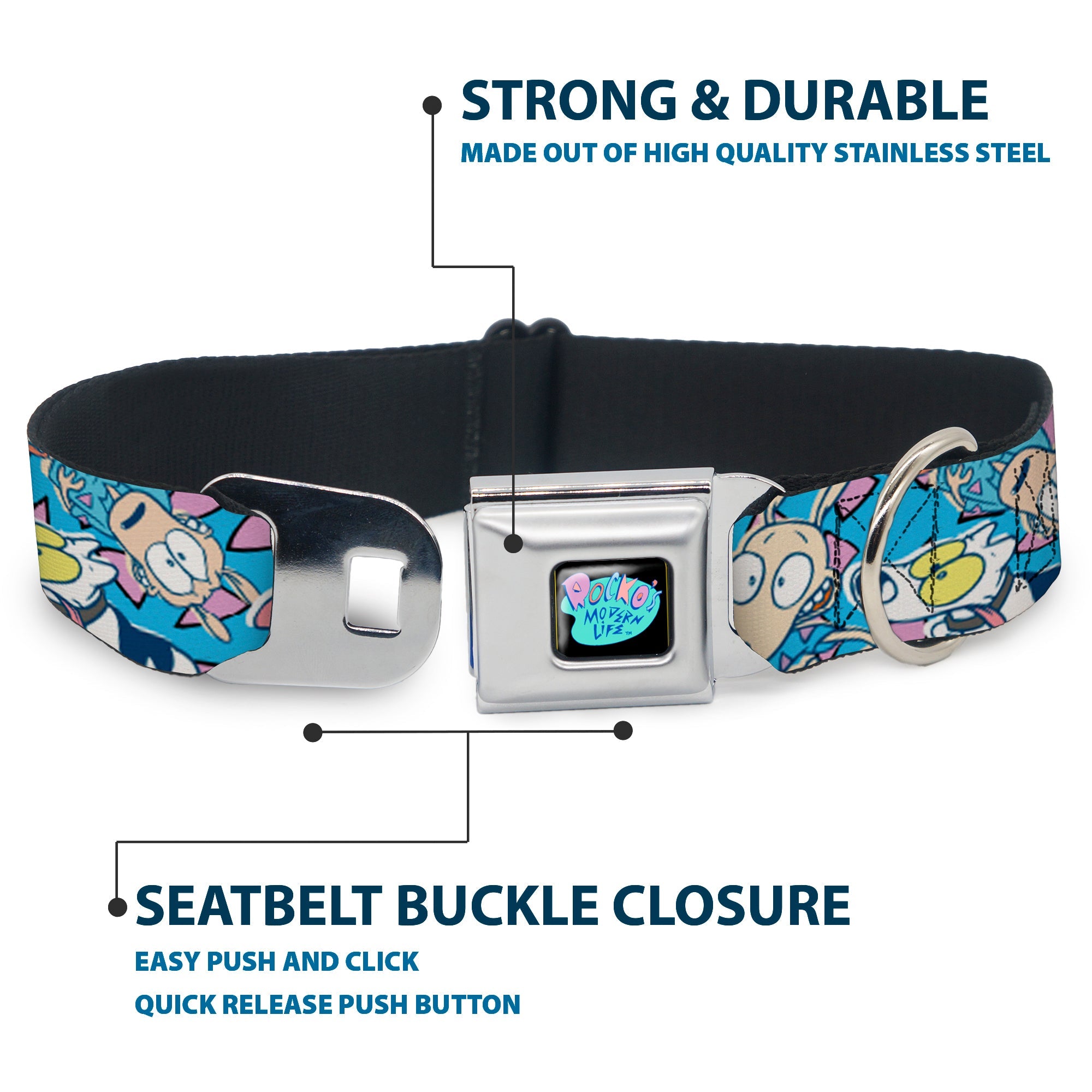 ROCKOS MODERN LIFE Logo Full Color Black/Blues Seatbelt Buckle Collar - Rocko & Spunky Scattered Expressions/Triangles Blue/Lavender
