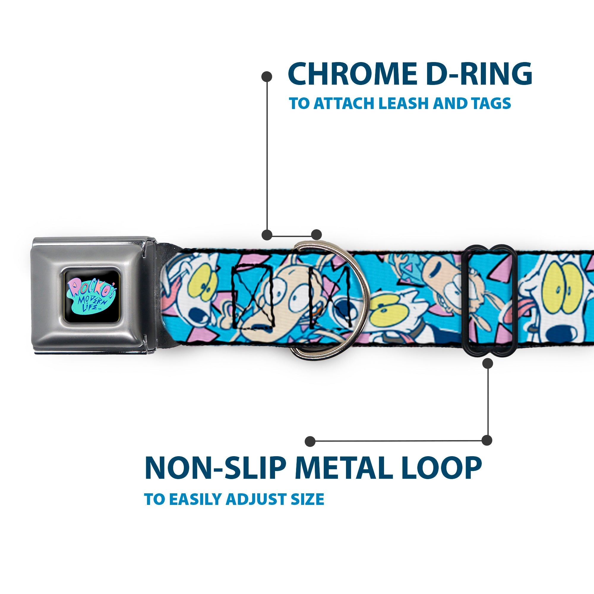 ROCKOS MODERN LIFE Logo Full Color Black/Blues Seatbelt Buckle Collar - Rocko & Spunky Scattered Expressions/Triangles Blue/Lavender