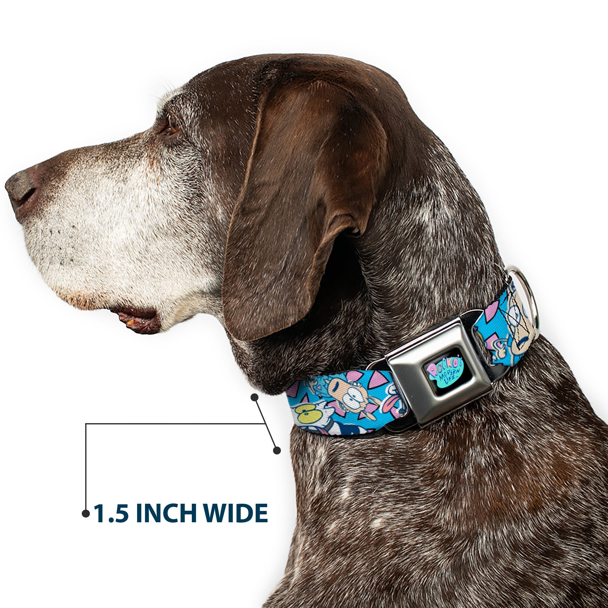 ROCKOS MODERN LIFE Logo Full Color Black/Blues Seatbelt Buckle Collar - Rocko & Spunky Scattered Expressions/Triangles Blue/Lavender