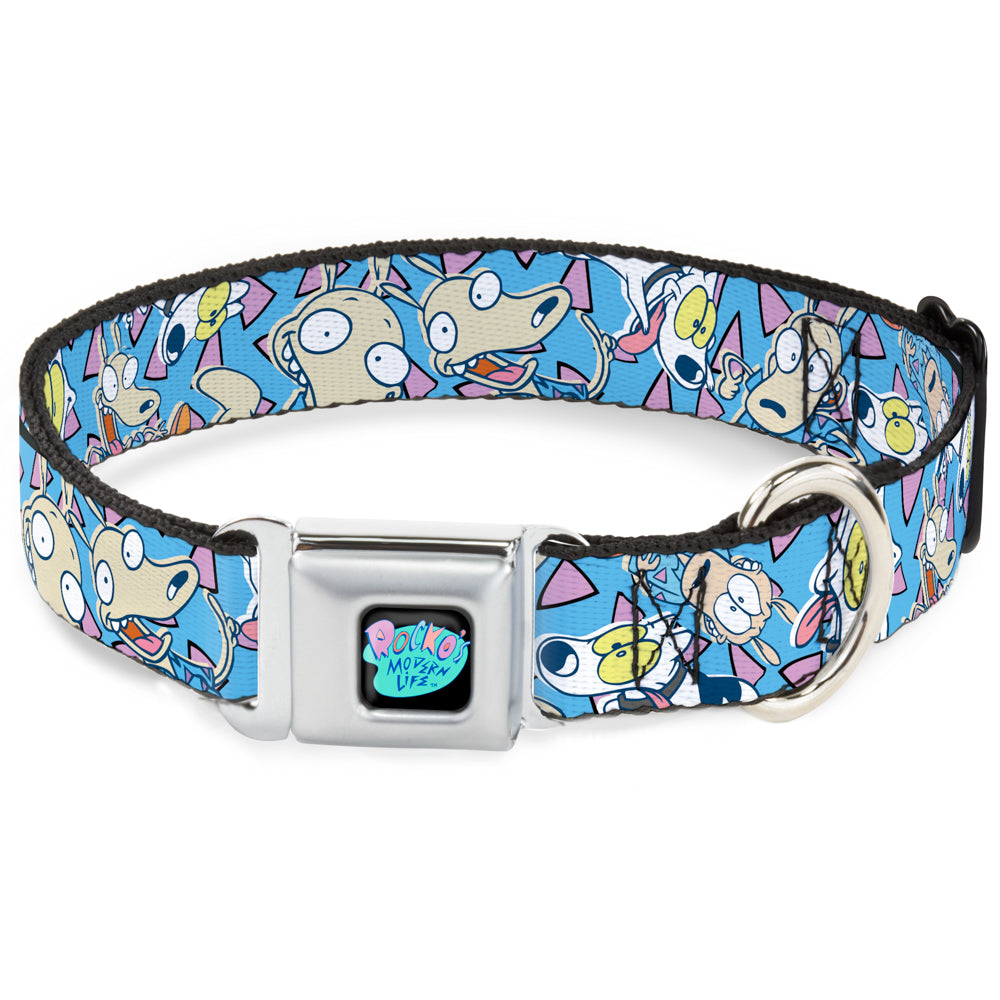 ROCKOS MODERN LIFE Logo Full Color Black/Blues Seatbelt Buckle Collar - Rocko & Spunky Scattered Expressions/Triangles Blue/Lavender