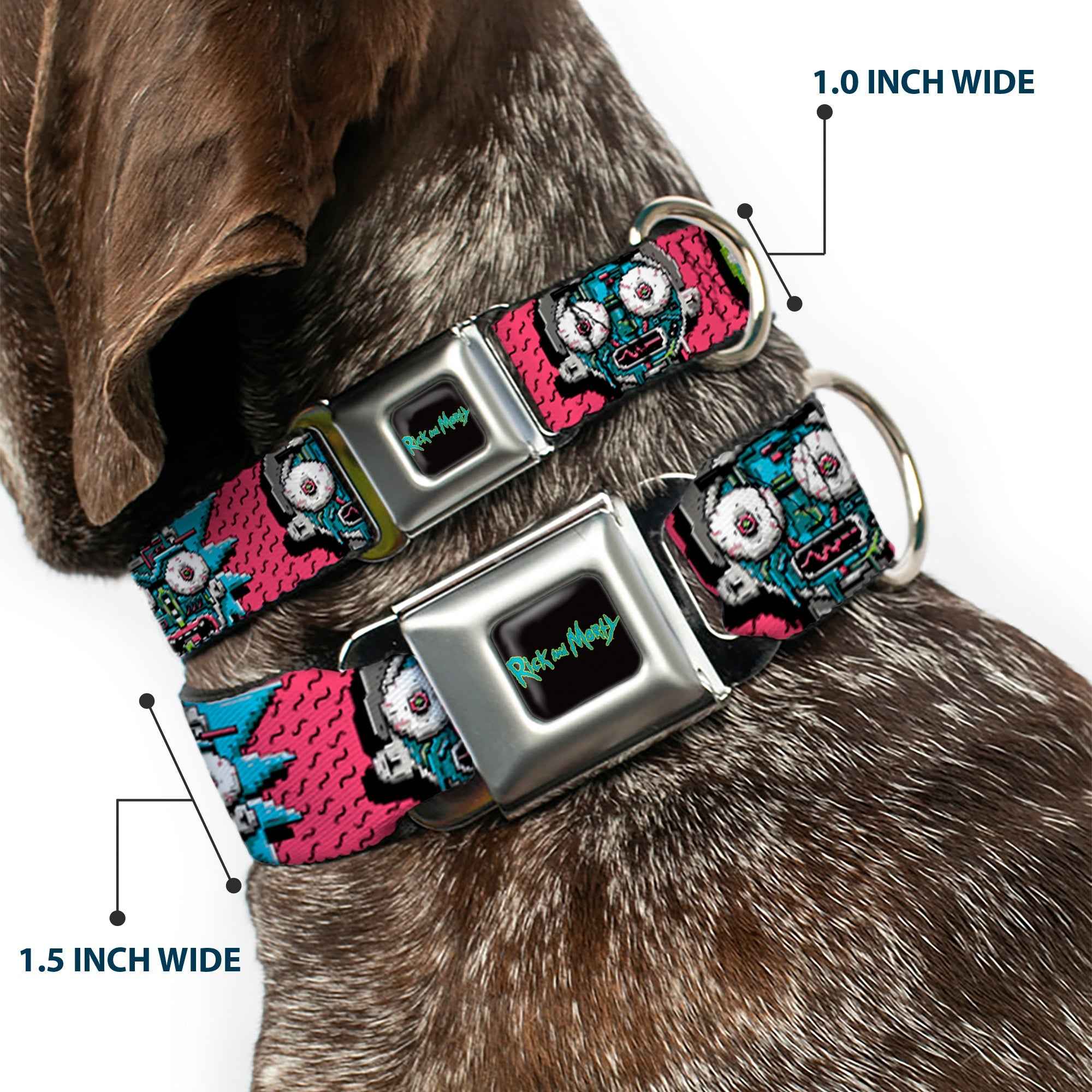Buckle-Down Rick And Morty Text Logo Full Color Black/Blue Seatbelt Buckle Dog Collar - Rick and Morty Circuit Faces/Portal Gun Pink
