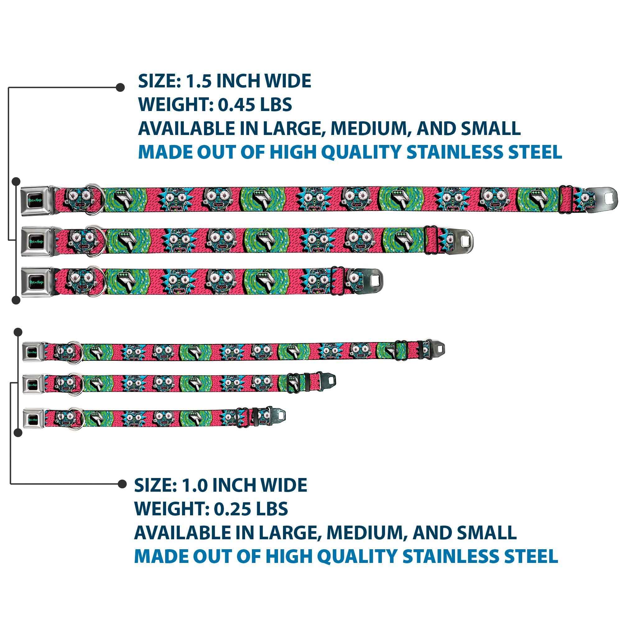 Buckle-Down Rick And Morty Text Logo Full Color Black/Blue Seatbelt Buckle Dog Collar - Rick and Morty Circuit Faces/Portal Gun Pink