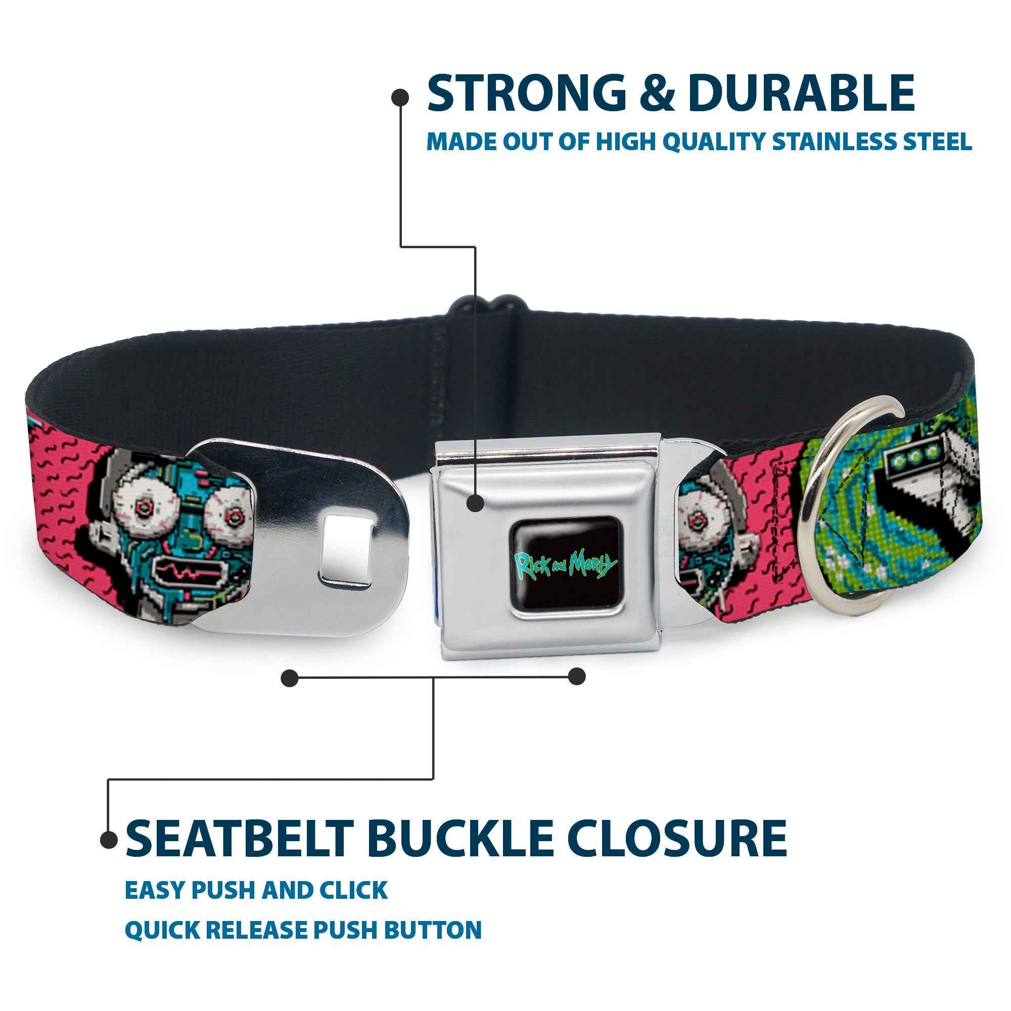 Buckle-Down Rick And Morty Text Logo Full Color Black/Blue Seatbelt Buckle Dog Collar - Rick and Morty Circuit Faces/Portal Gun Pink