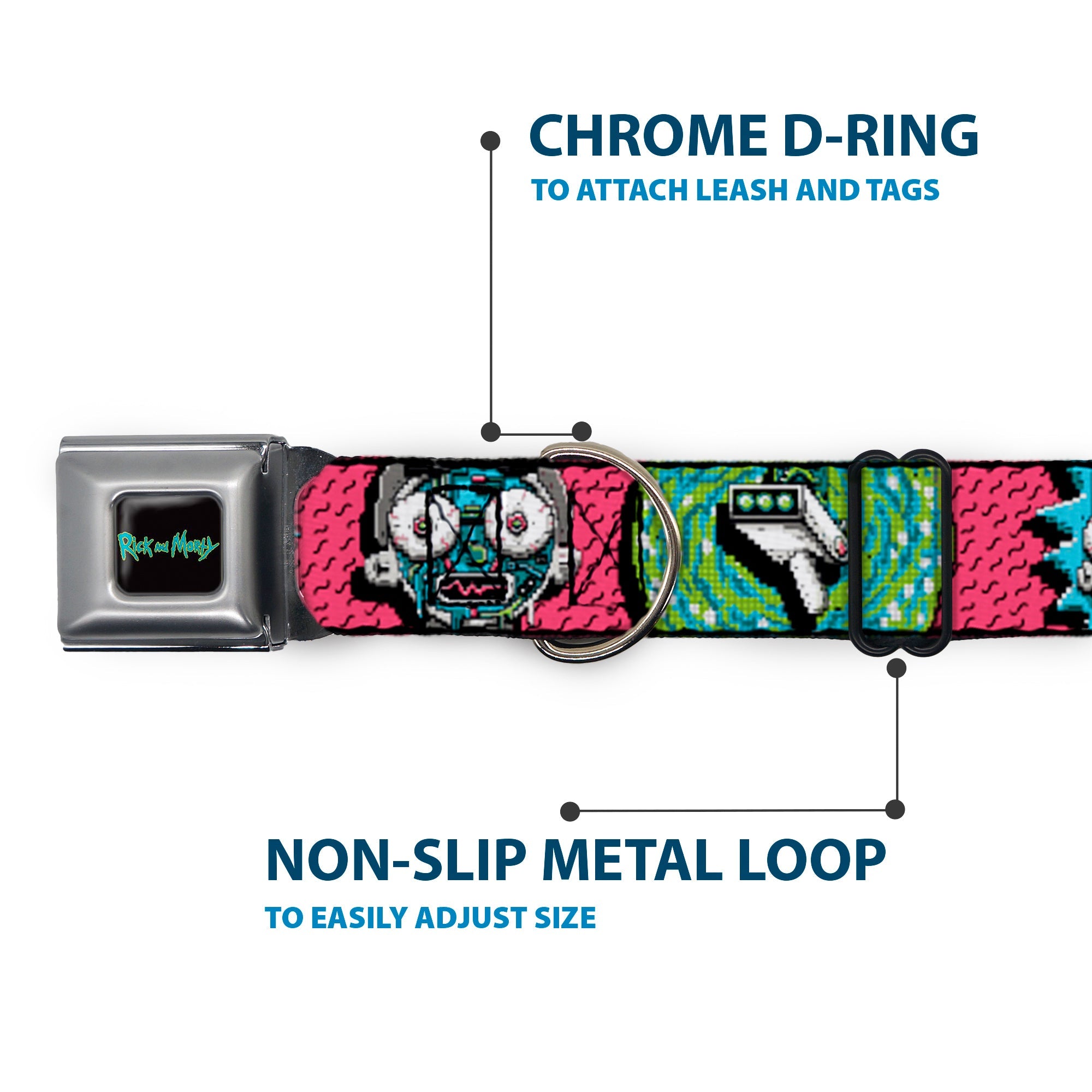 Buckle-Down Rick And Morty Text Logo Full Color Black/Blue Seatbelt Buckle Dog Collar - Rick and Morty Circuit Faces/Portal Gun Pink