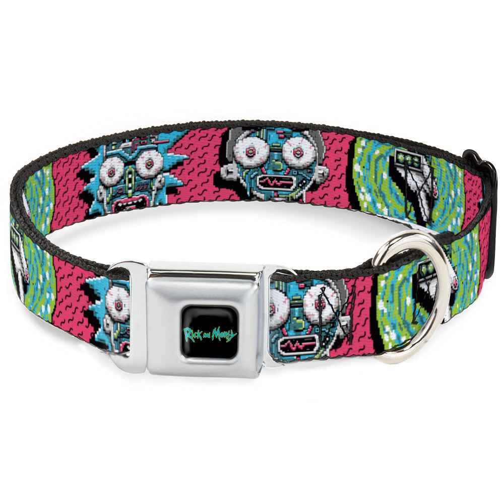 Buckle-Down Rick And Morty Text Logo Full Color Black/Blue Seatbelt Buckle Dog Collar - Rick and Morty Circuit Faces/Portal Gun Pink