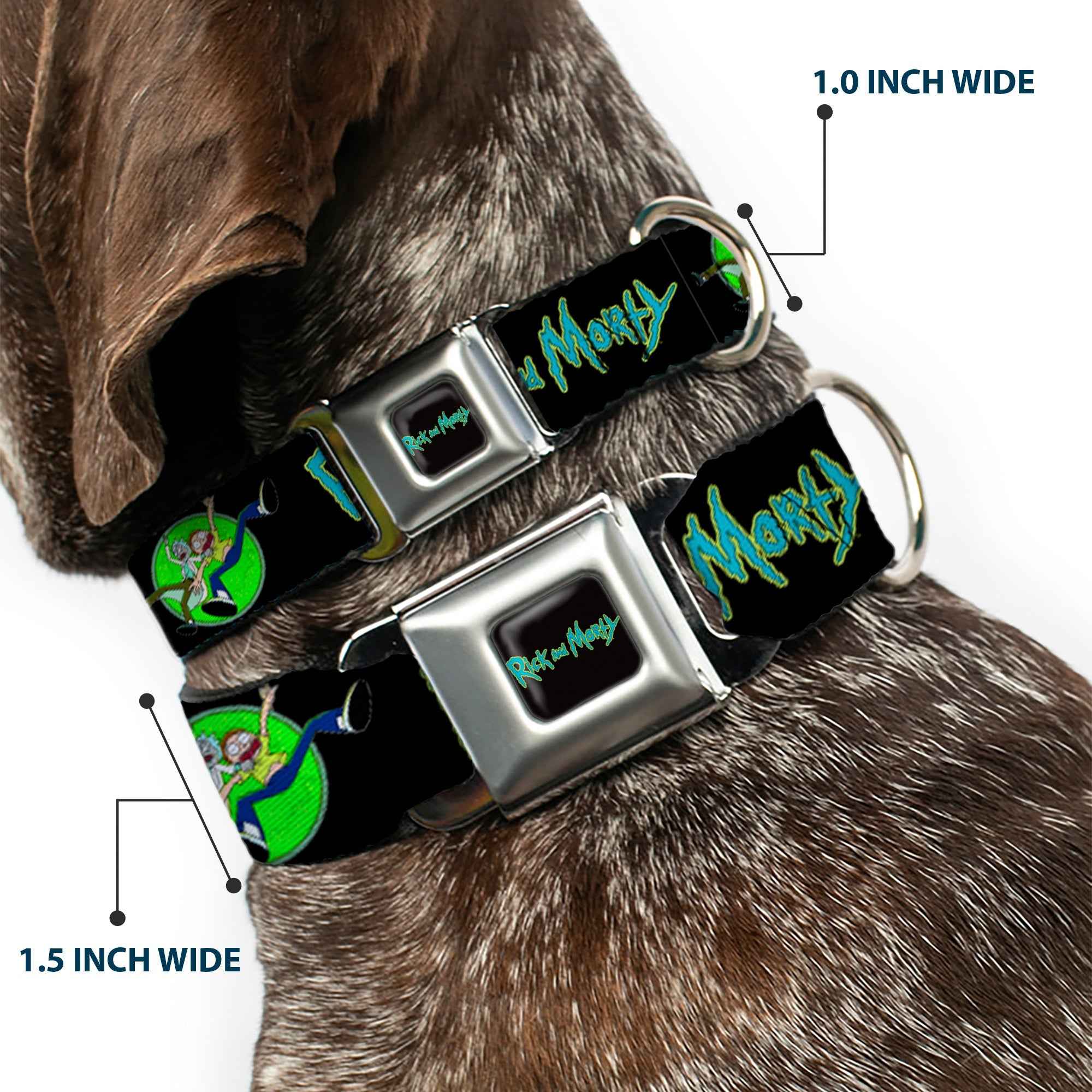 Buckle-Down Rick And Morty Text Logo Full Color Black/Blue Seatbelt Buckle Dog Collar - Rick And Morty Title Logo and Portal Pose Black