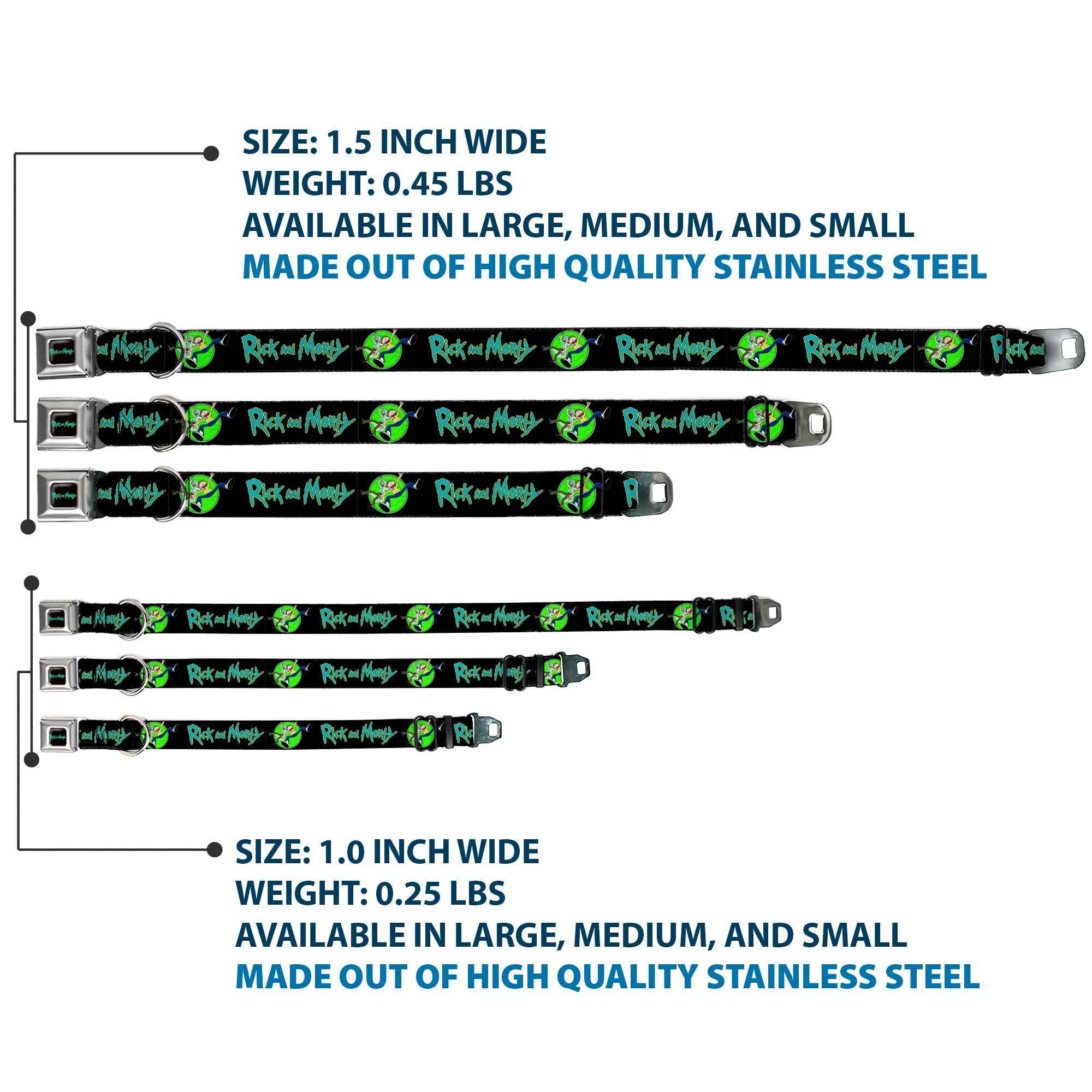 Buckle-Down Rick And Morty Text Logo Full Color Black/Blue Seatbelt Buckle Dog Collar - Rick And Morty Title Logo and Portal Pose Black