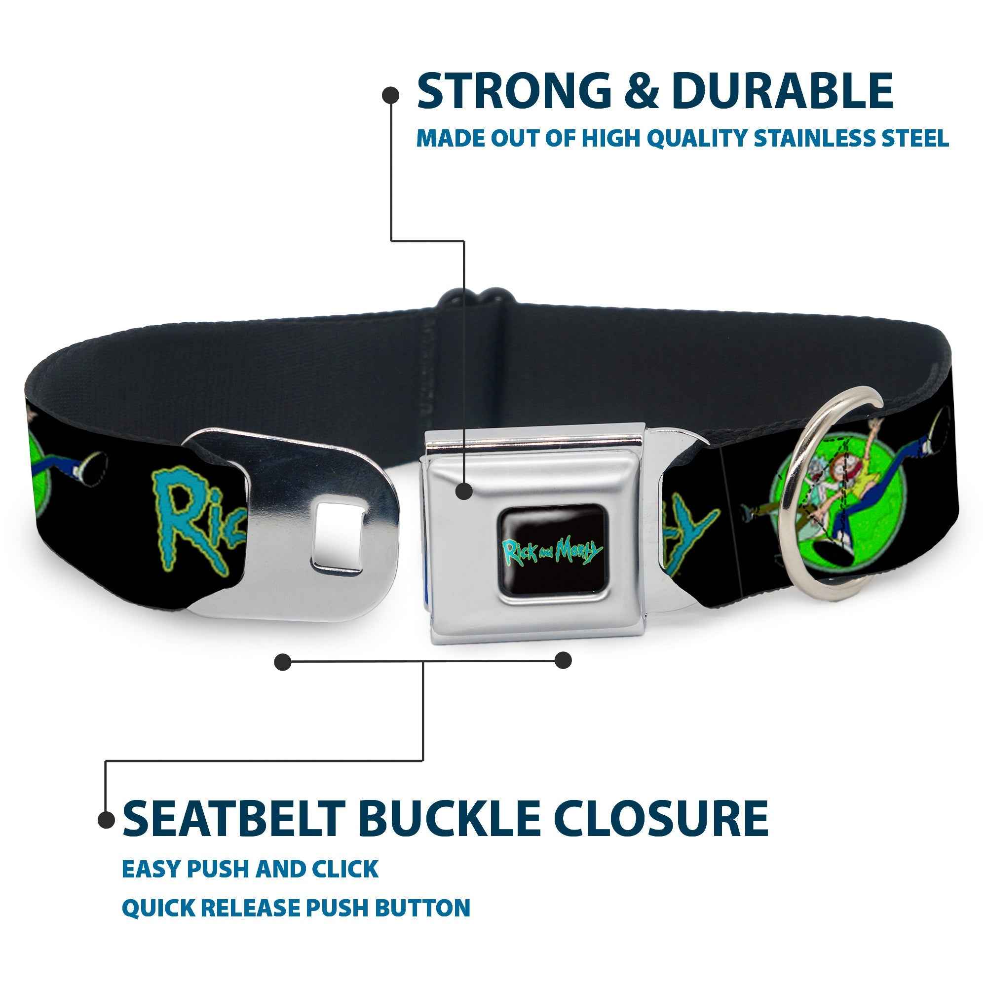Buckle-Down Rick And Morty Text Logo Full Color Black/Blue Seatbelt Buckle Dog Collar - Rick And Morty Title Logo and Portal Pose Black