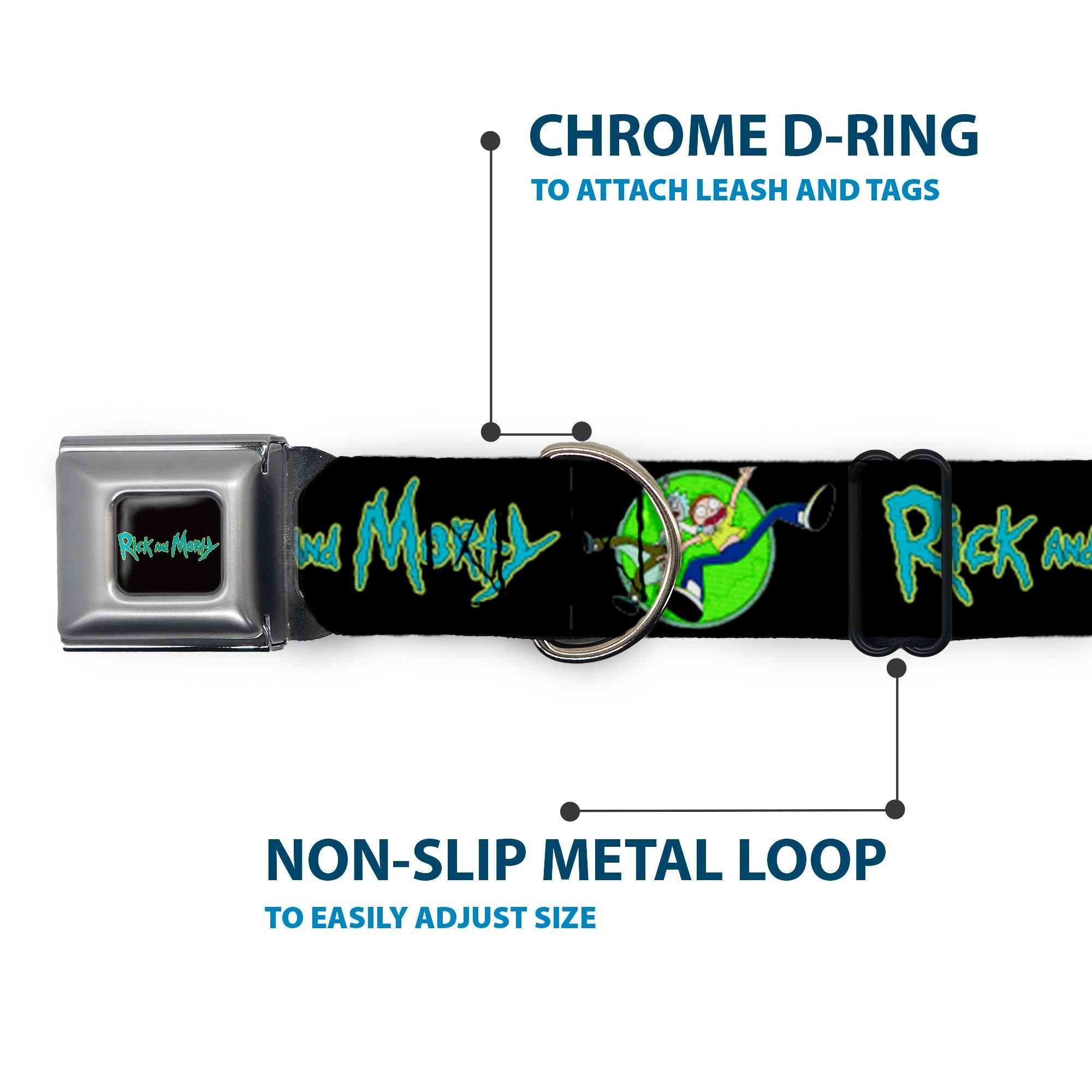 Buckle-Down Rick And Morty Text Logo Full Color Black/Blue Seatbelt Buckle Dog Collar - Rick And Morty Title Logo and Portal Pose Black