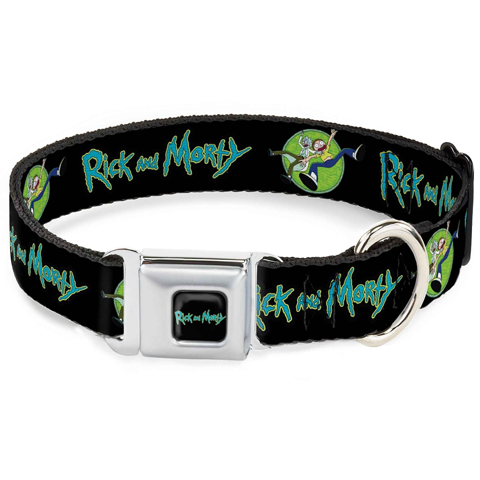 Buckle-Down Rick And Morty Text Logo Full Color Black/Blue Seatbelt Buckle Dog Collar - Rick And Morty Title Logo and Portal Pose Black