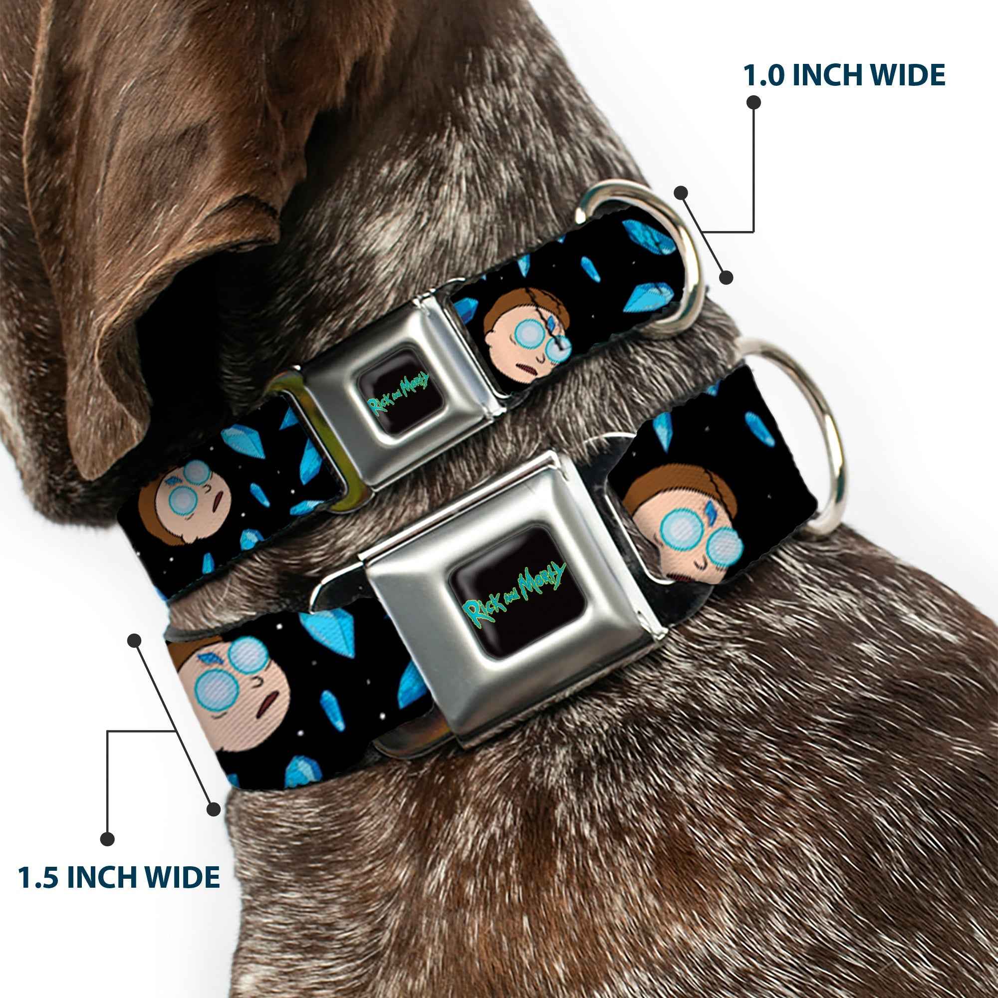 Buckle-Down Rick And Morty Text Logo Full Color Black/Blue Seatbelt Buckle Dog Collar - Rick and Morty Death Crystals and Morty Expression Black/Blues