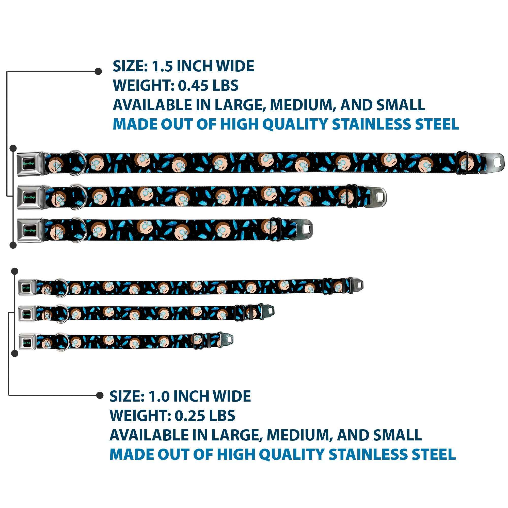 Buckle-Down Rick And Morty Text Logo Full Color Black/Blue Seatbelt Buckle Dog Collar - Rick and Morty Death Crystals and Morty Expression Black/Blues