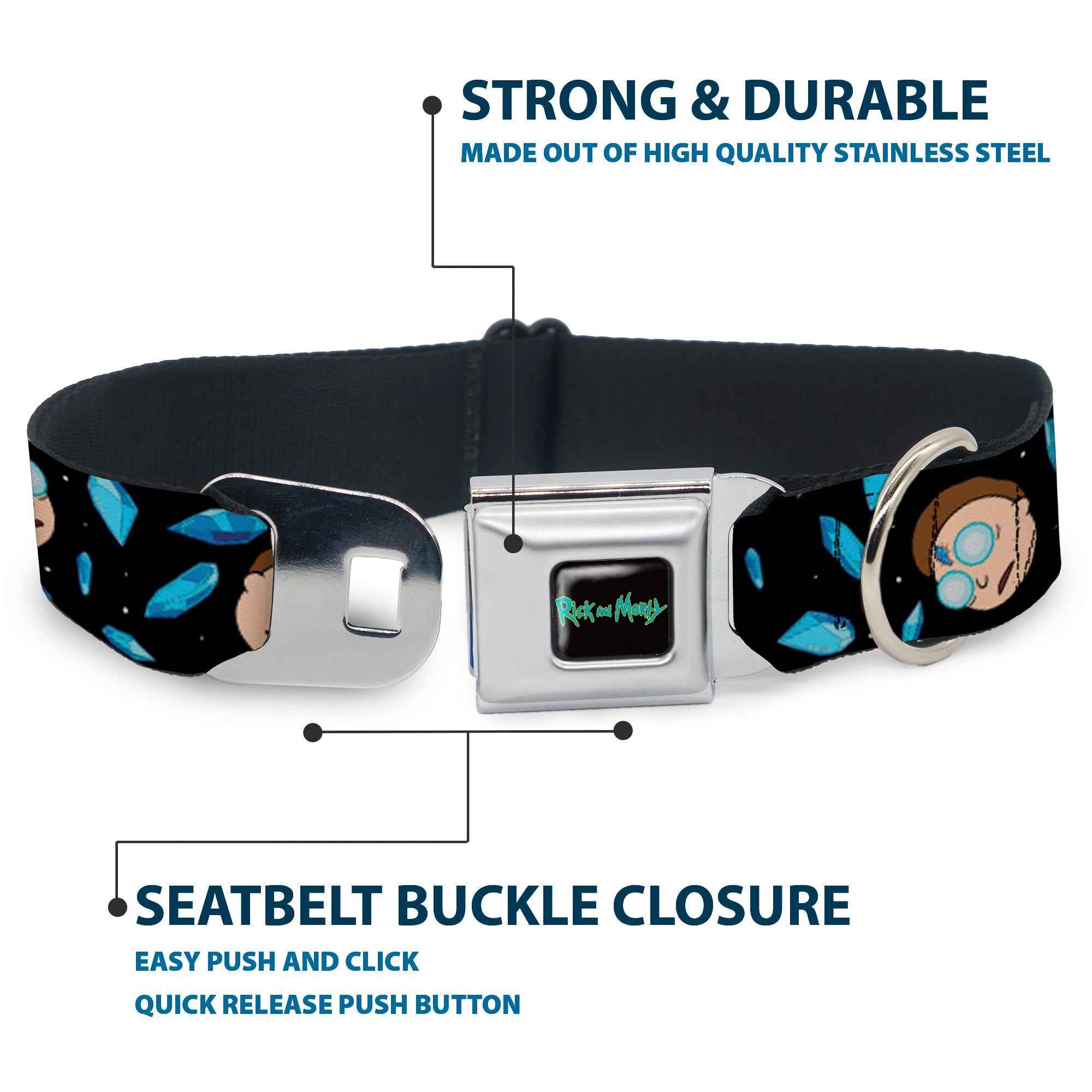 Buckle-Down Rick And Morty Text Logo Full Color Black/Blue Seatbelt Buckle Dog Collar - Rick and Morty Death Crystals and Morty Expression Black/Blues