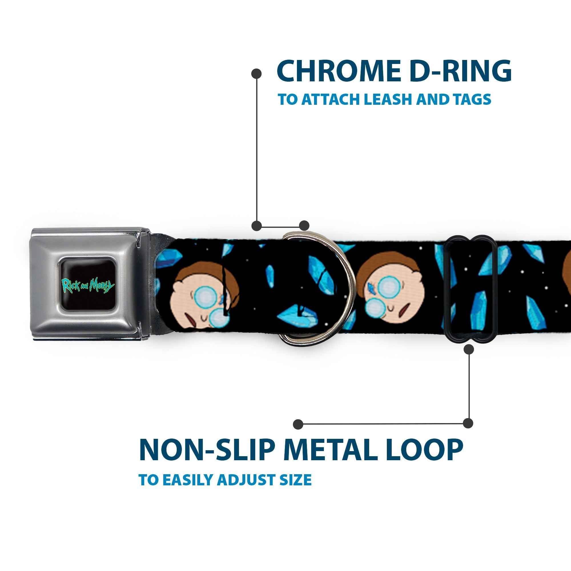 Buckle-Down Rick And Morty Text Logo Full Color Black/Blue Seatbelt Buckle Dog Collar - Rick and Morty Death Crystals and Morty Expression Black/Blues