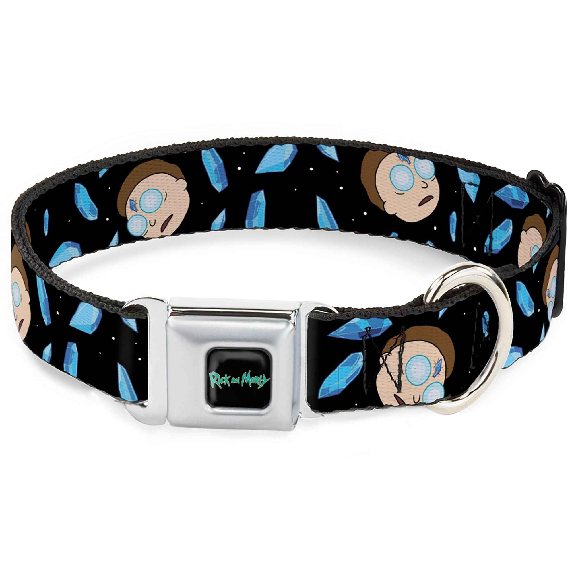 Buckle-Down Rick And Morty Text Logo Full Color Black/Blue Seatbelt Buckle Dog Collar - Rick and Morty Death Crystals and Morty Expression Black/Blues