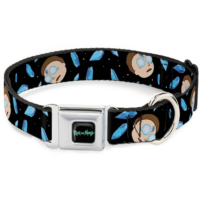 Buckle-Down Rick And Morty Text Logo Full Color Black/Blue Seatbelt Buckle Dog Collar - Rick and Morty Death Crystals and Morty Expression Black/Blues