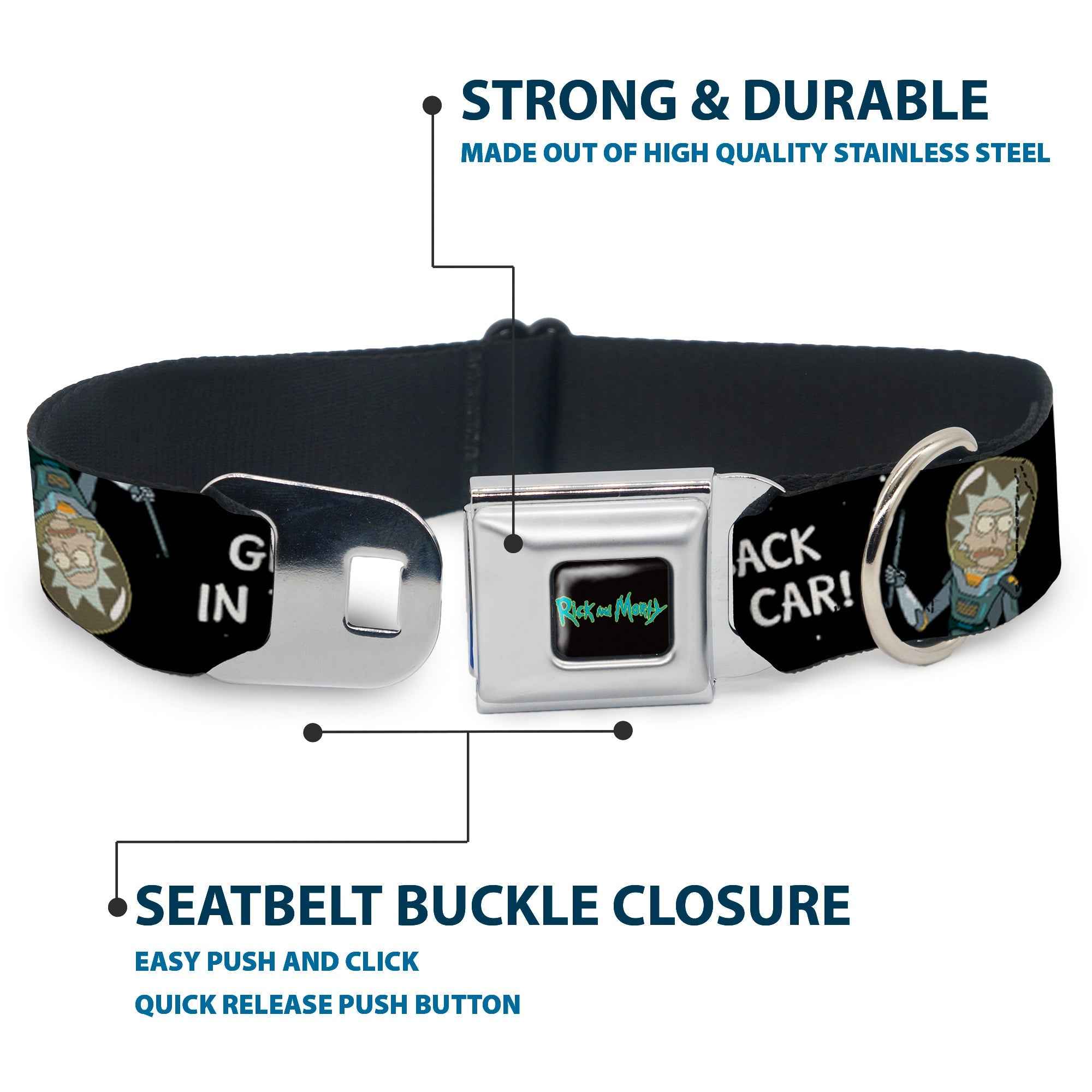 Buckle-Down Rick And Morty Text Logo Full Color Black/Blue Seatbelt Buckle Dog Collar - Rick and Morty Rick Get Back In The Car Pose Black/White