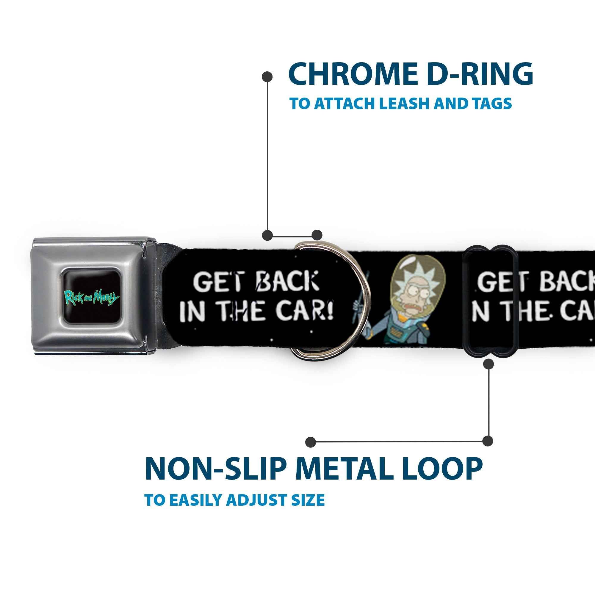 Buckle-Down Rick And Morty Text Logo Full Color Black/Blue Seatbelt Buckle Dog Collar - Rick and Morty Rick Get Back In The Car Pose Black/White