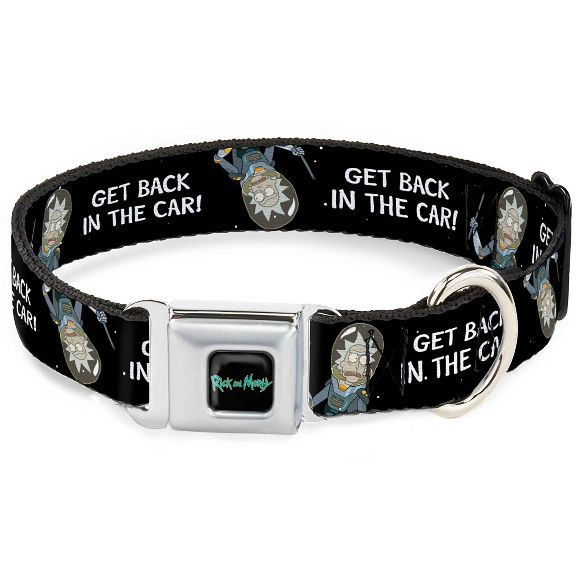 Buckle-Down Rick And Morty Text Logo Full Color Black/Blue Seatbelt Buckle Dog Collar - Rick and Morty Rick Get Back In The Car Pose Black/White