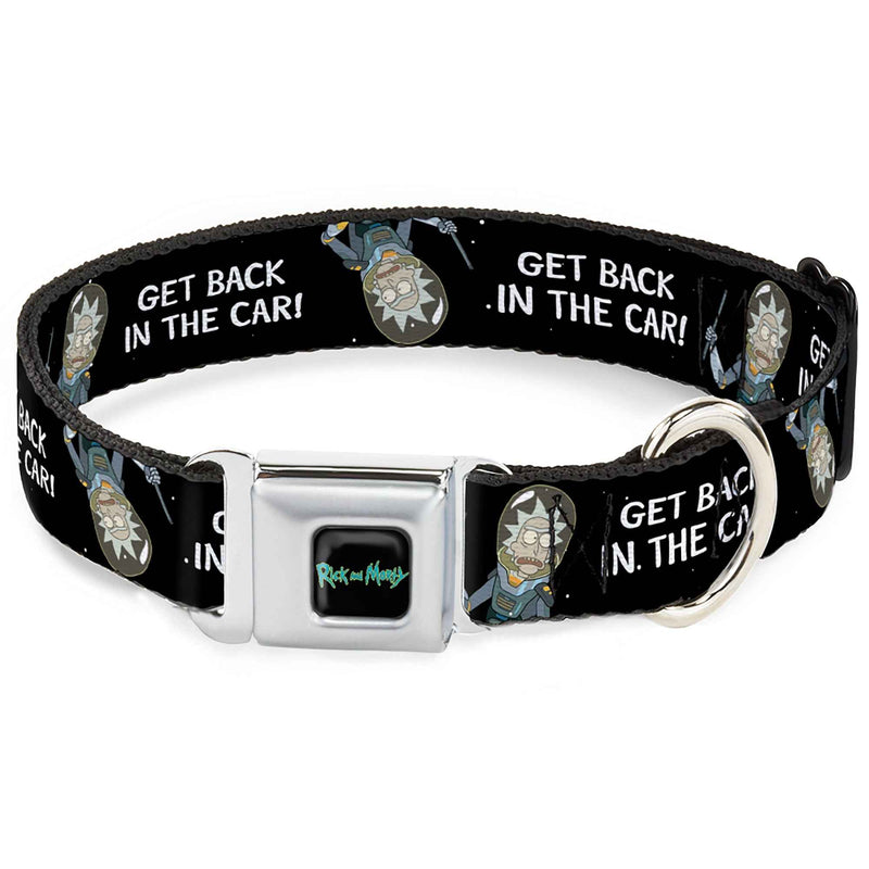 Buckle-Down Rick And Morty Text Logo Full Color Black/Blue Seatbelt Buckle Dog Collar - Rick and Morty Rick Get Back In The Car Pose Black/White