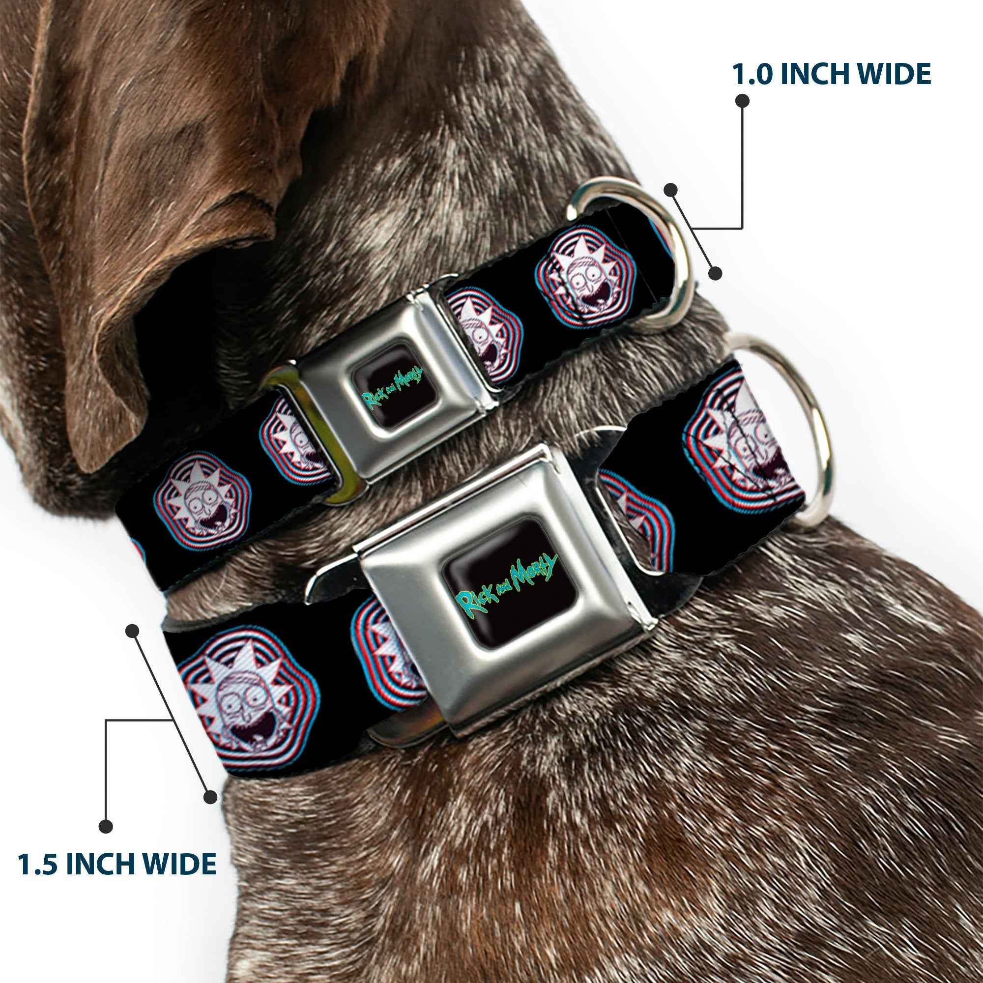 Buckle-Down Rick And Morty Text Logo Full Color Black/Blue Seatbelt Buckle Dog Collar - Rick and Morty Rick Vaporwave Bullseye Black/Blue/Red/White