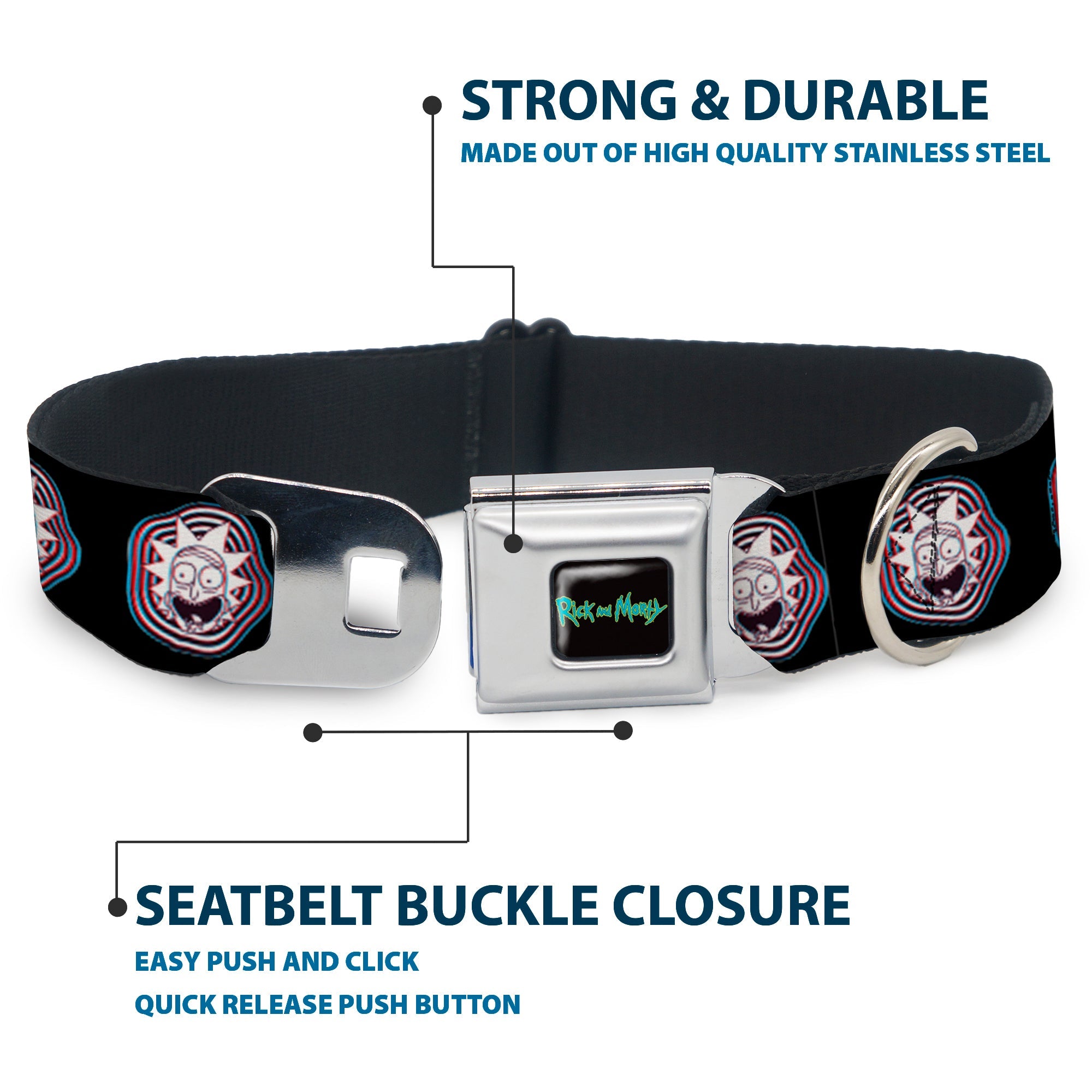 Buckle-Down Rick And Morty Text Logo Full Color Black/Blue Seatbelt Buckle Dog Collar - Rick and Morty Rick Vaporwave Bullseye Black/Blue/Red/White