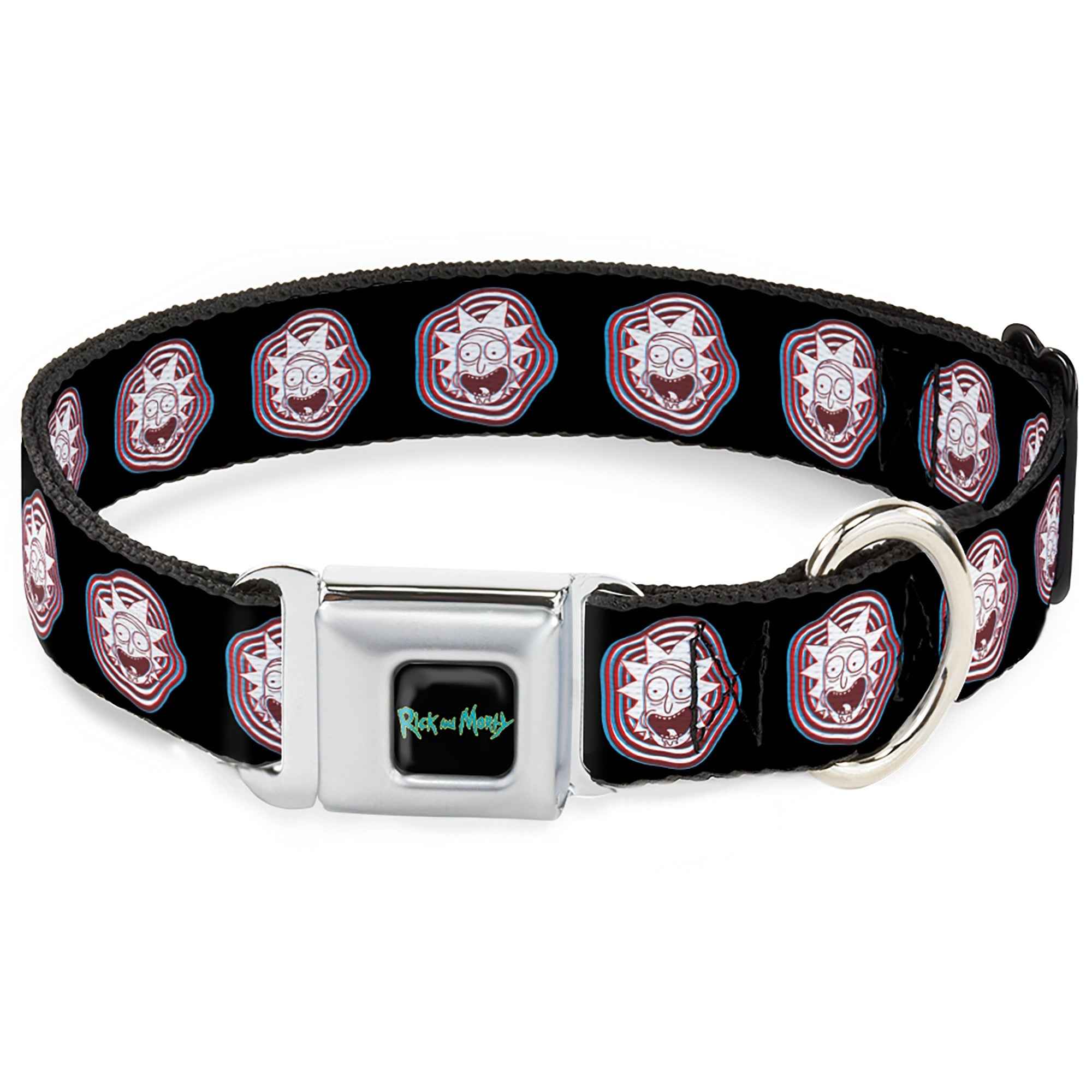 Buckle-Down Rick And Morty Text Logo Full Color Black/Blue Seatbelt Buckle Dog Collar - Rick and Morty Rick Vaporwave Bullseye Black/Blue/Red/White