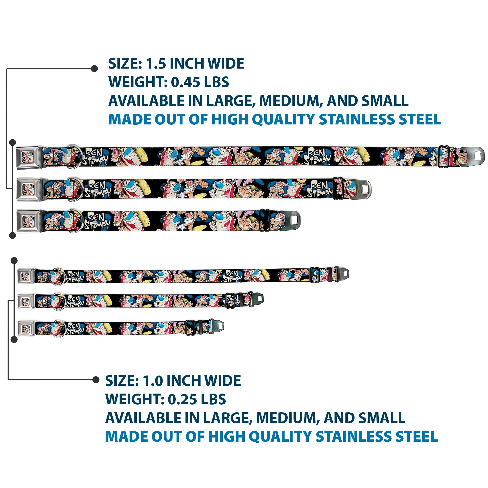 Ren & Stimpy Pose Black Seatbelt Buckle Collar - REN & STIMPY Poses Black/Blue/Yellow