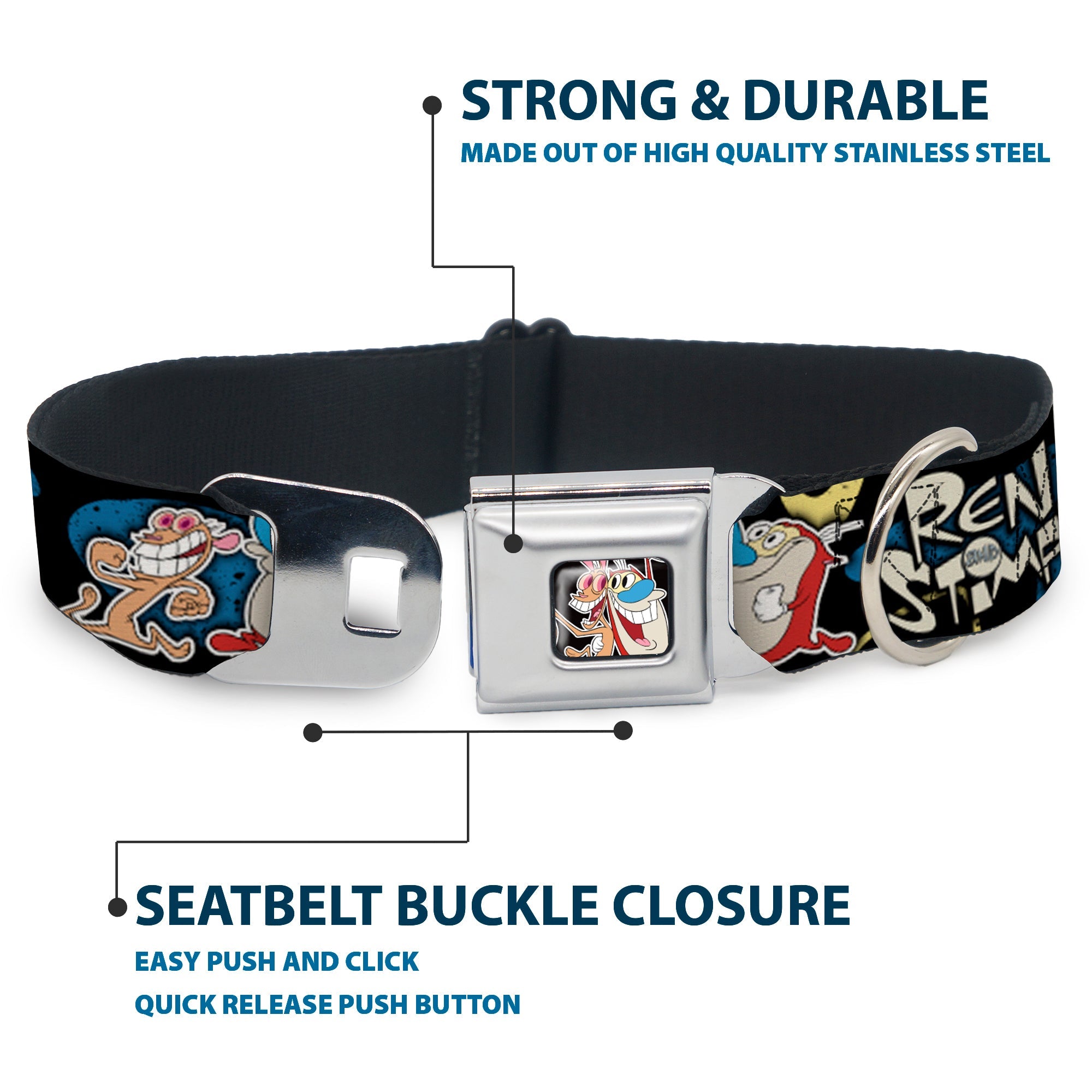 Ren & Stimpy Pose Black Seatbelt Buckle Collar - REN & STIMPY Poses Black/Blue/Yellow
