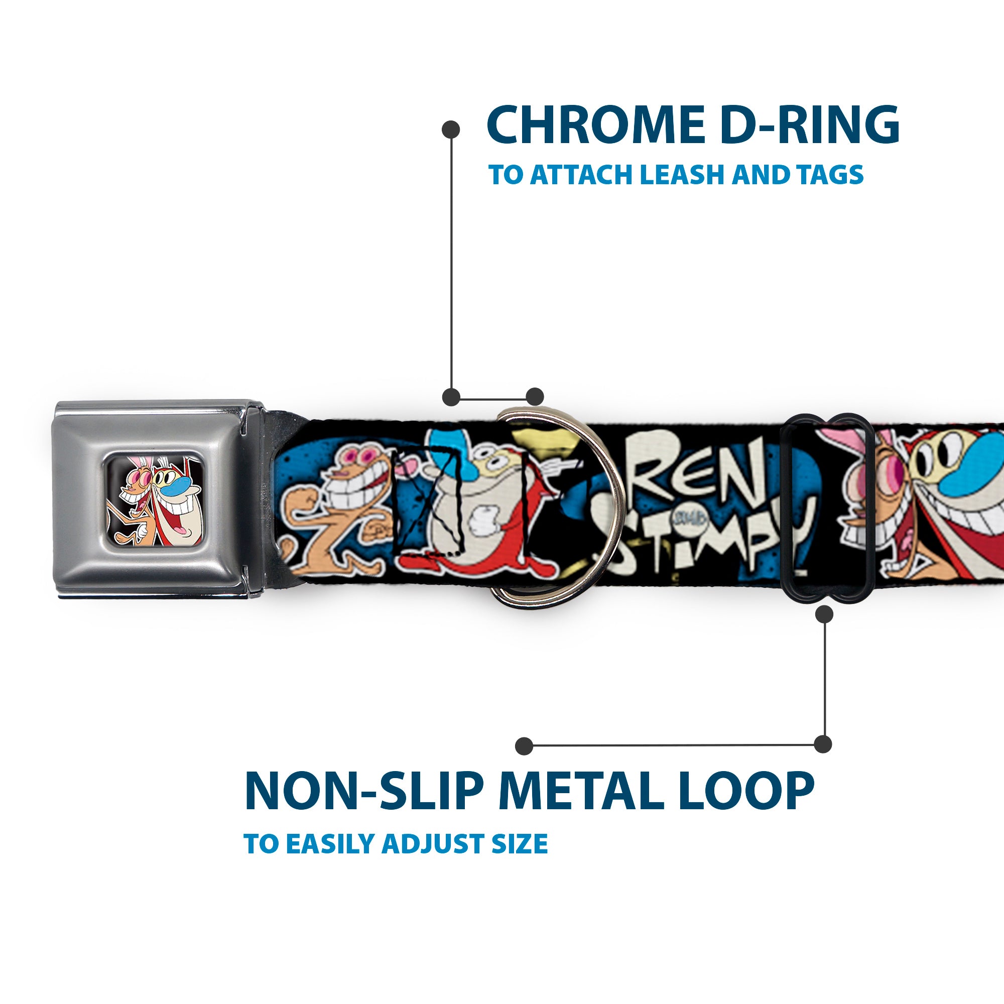Ren & Stimpy Pose Black Seatbelt Buckle Collar - REN & STIMPY Poses Black/Blue/Yellow