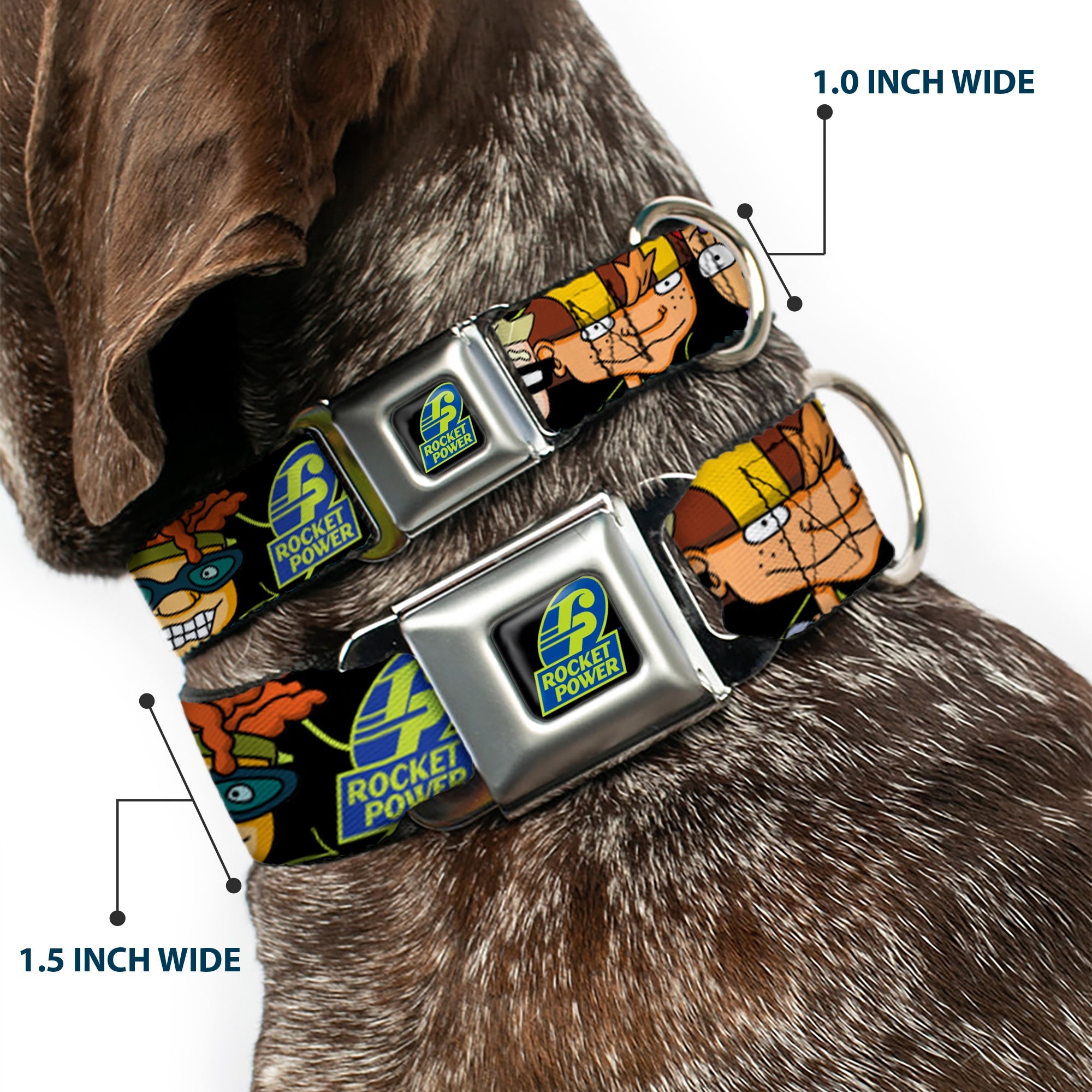 ROCKET POWER RP Logo Full Color Black/Green/Blue Seatbelt Buckle Collar - ROCKET POWER RP Logo/4-Character Faces CLOSE-UP Black/Green/Blue