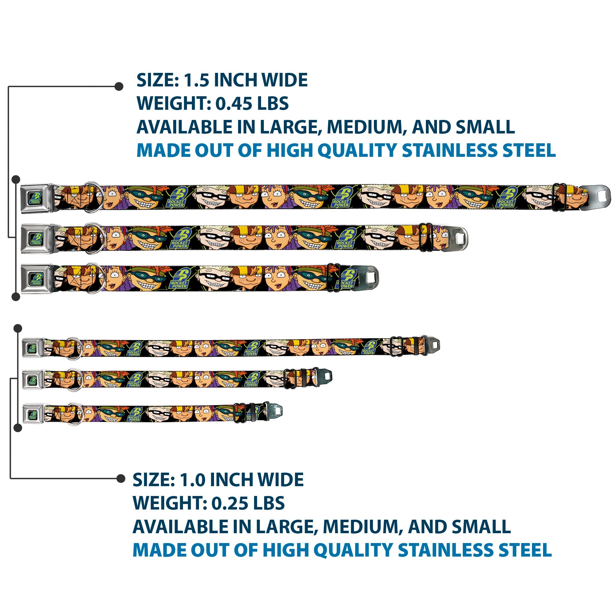 ROCKET POWER RP Logo Full Color Black/Green/Blue Seatbelt Buckle Collar - ROCKET POWER RP Logo/4-Character Faces CLOSE-UP Black/Green/Blue