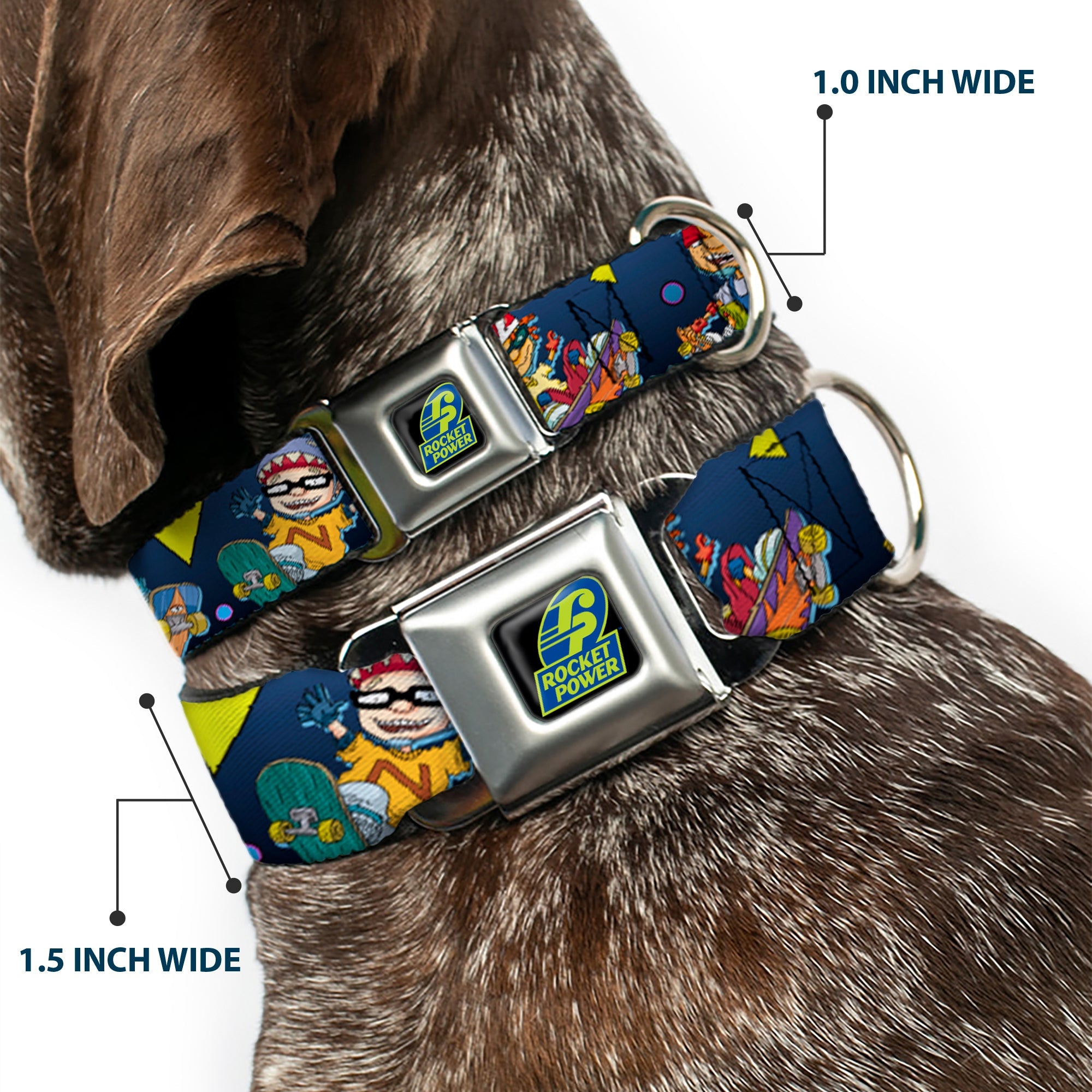 ROCKET POWER RP Logo Full Color Black/Green/Blue Seatbelt Buckle Collar - Rocket Power 4-Character Action Poses/Shapes Cool Gray/Multi Color