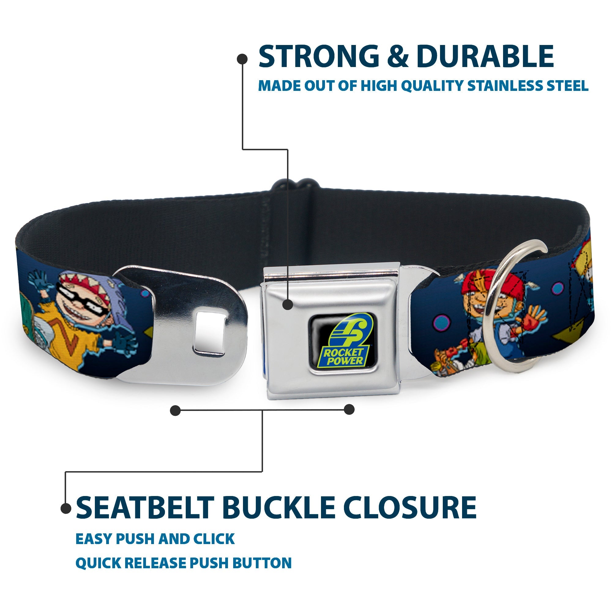 ROCKET POWER RP Logo Full Color Black/Green/Blue Seatbelt Buckle Collar - Rocket Power 4-Character Action Poses/Shapes Cool Gray/Multi Color