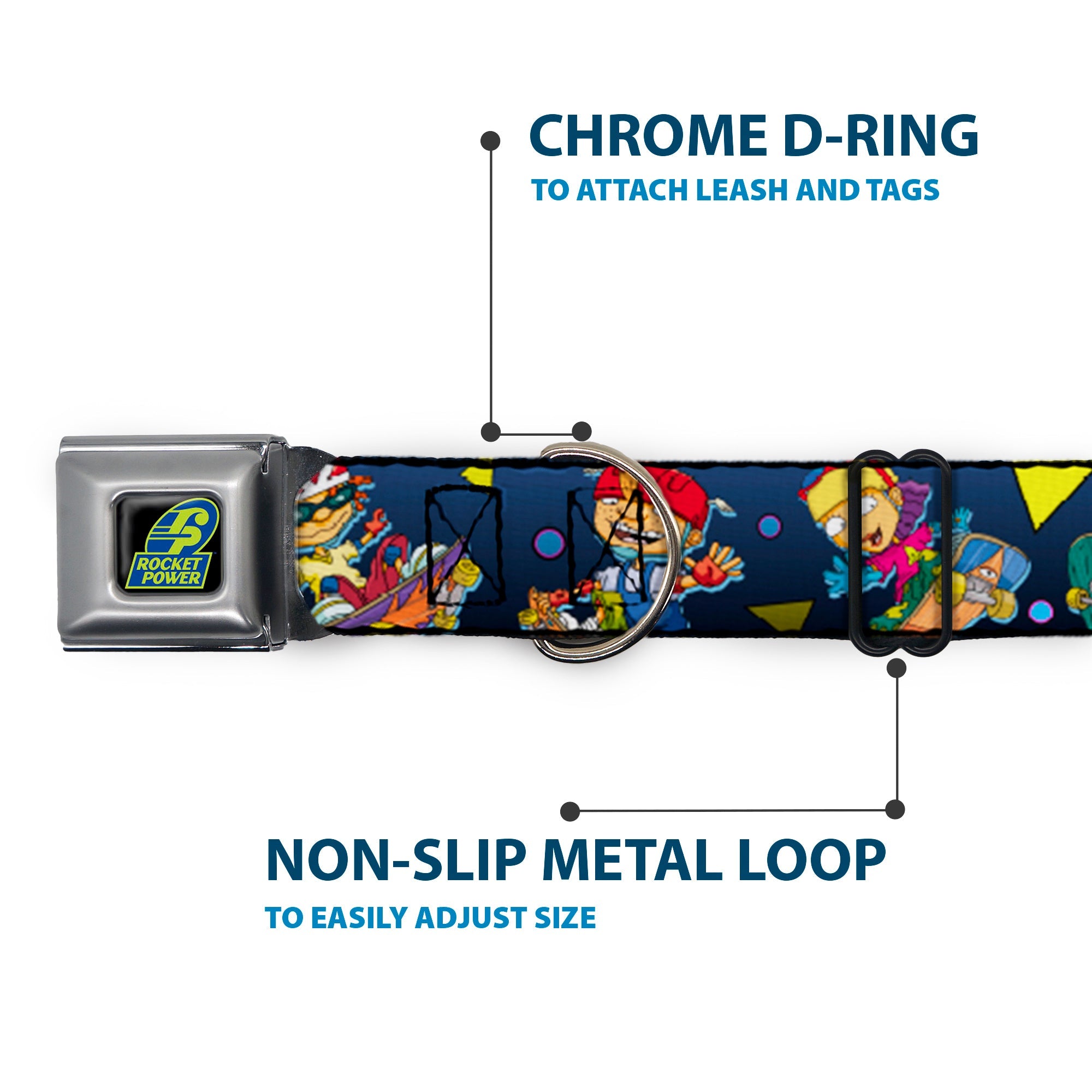ROCKET POWER RP Logo Full Color Black/Green/Blue Seatbelt Buckle Collar - Rocket Power 4-Character Action Poses/Shapes Cool Gray/Multi Color