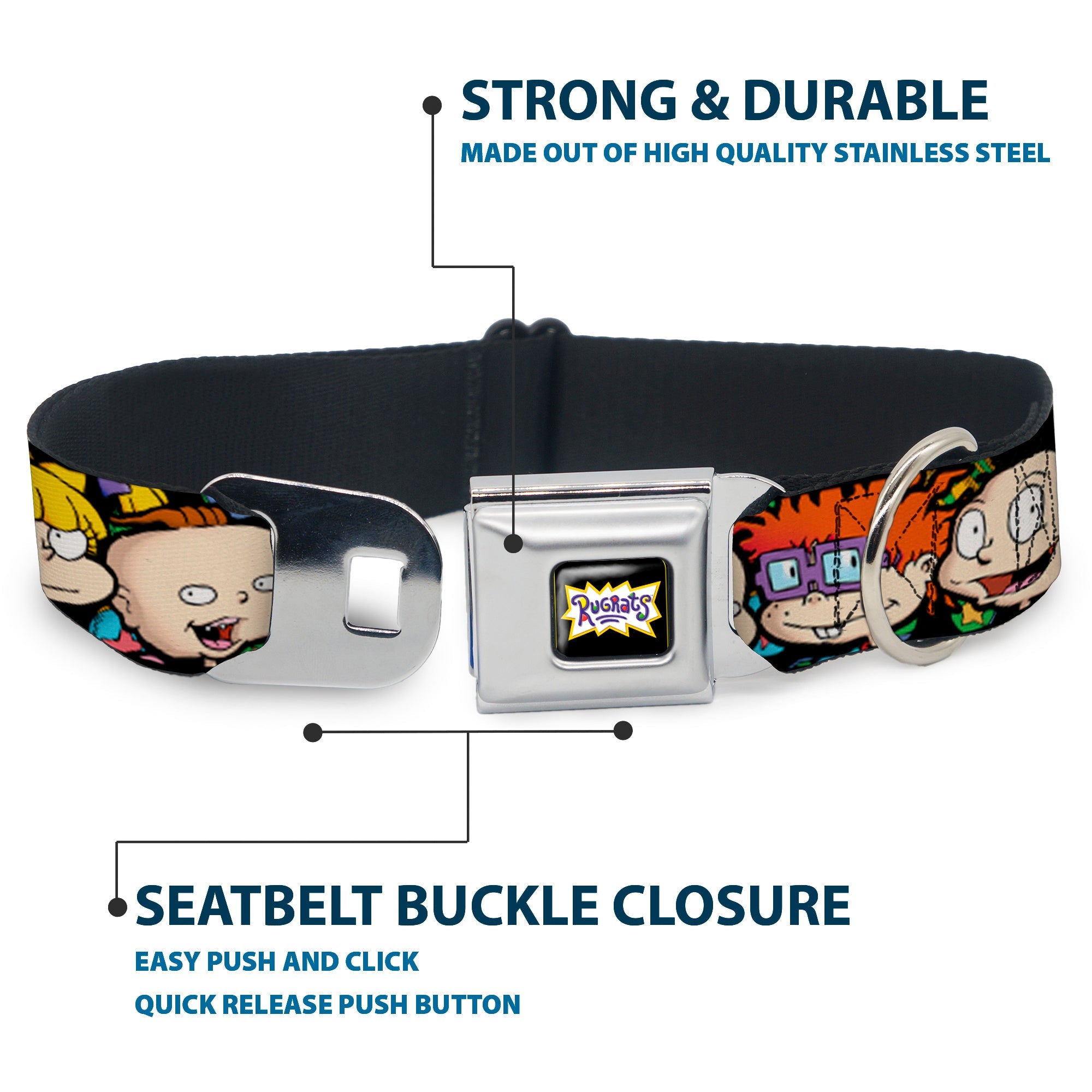 RUGRATS Logo Full Color Seatbelt Buckle Collar - Rugrats Character Faces CLOSE-UP